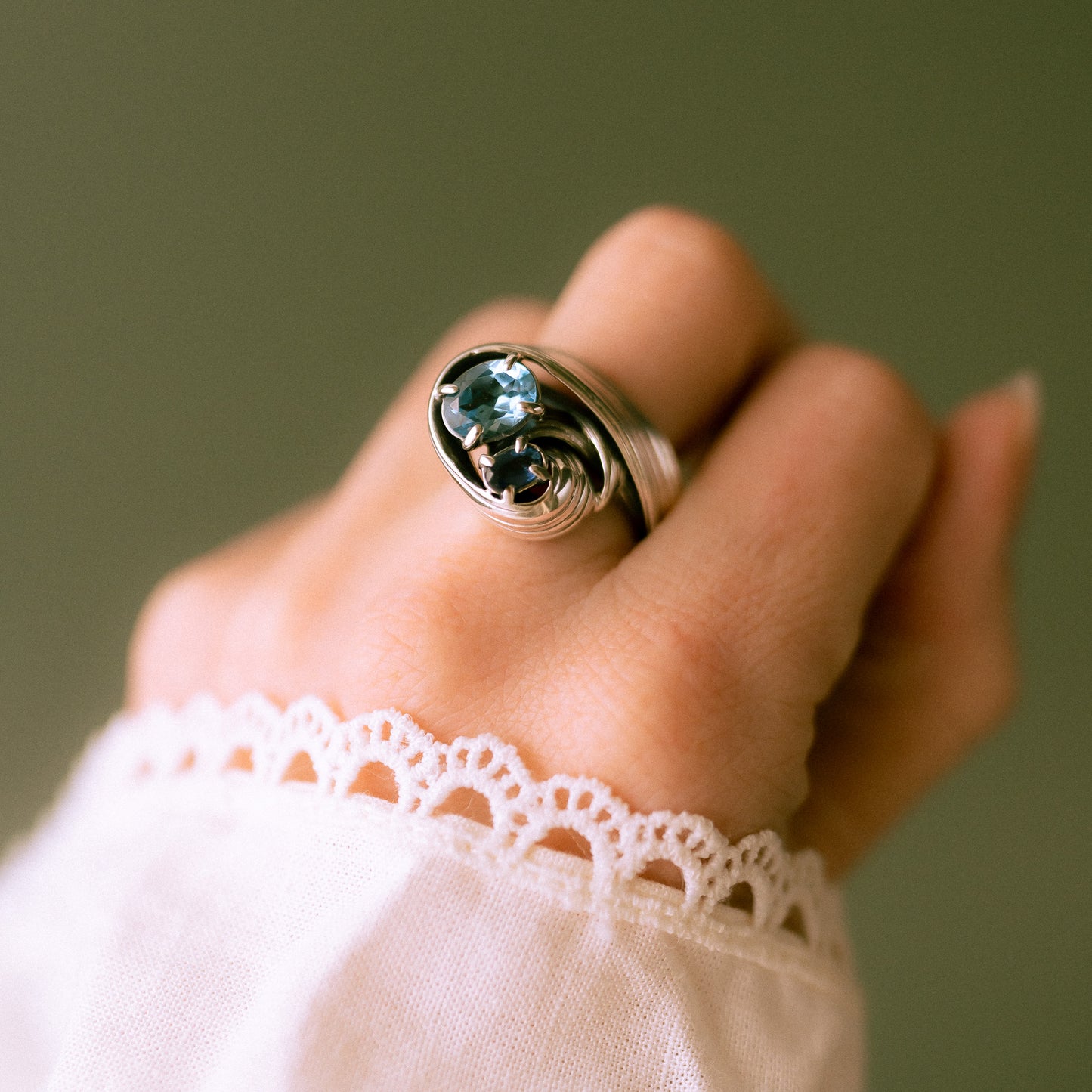 One of a Kind Drift Sterling Silver Ring with Swiss Blue Topaz and Sapphire - Size S