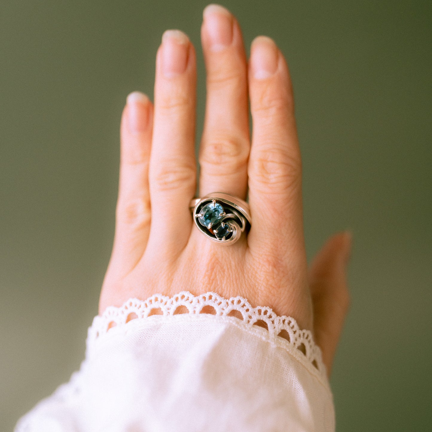 One of a Kind Drift Sterling Silver Ring with Swiss Blue Topaz and Sapphire - Size S