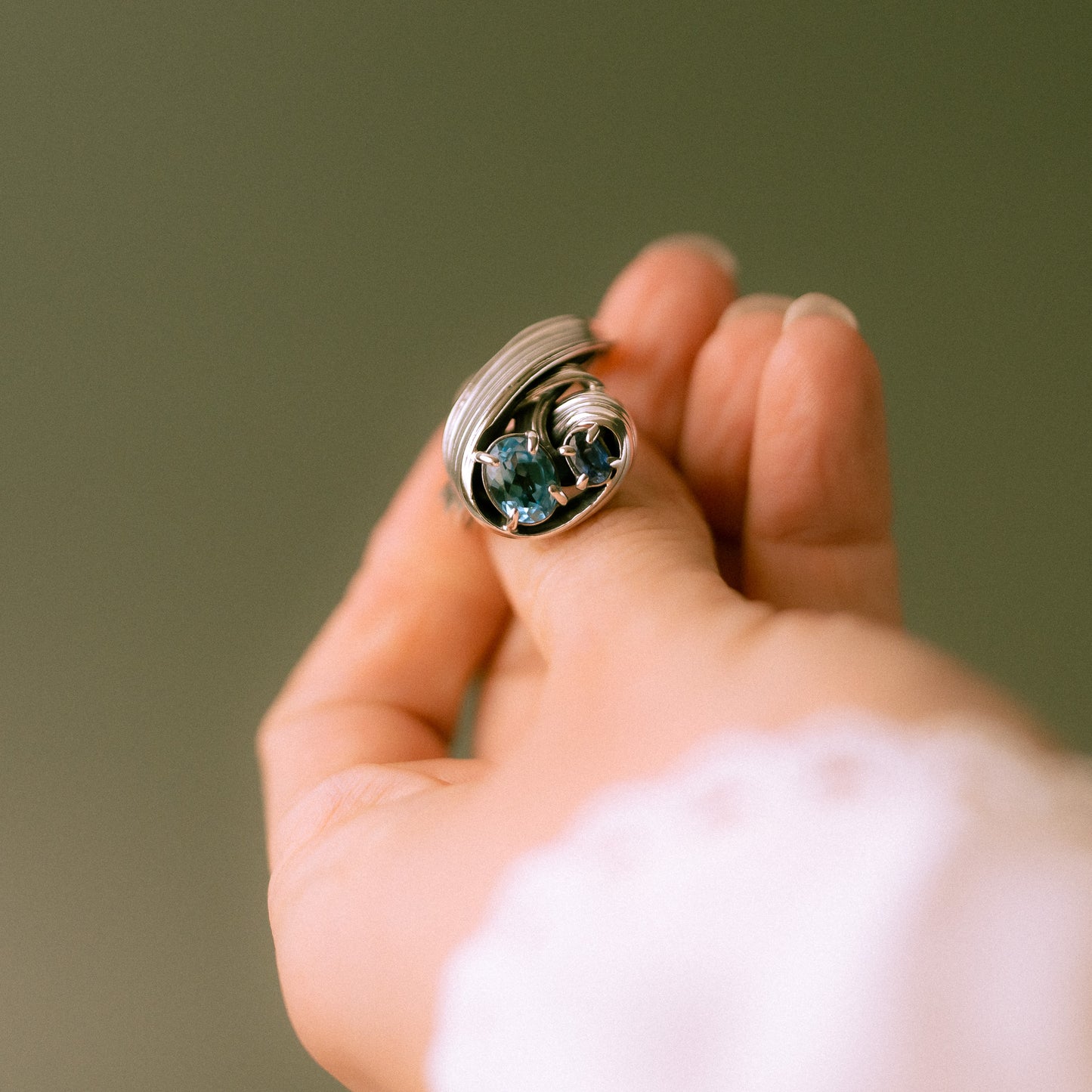 One of a Kind Drift Sterling Silver Ring with Swiss Blue Topaz and Sapphire - Size S