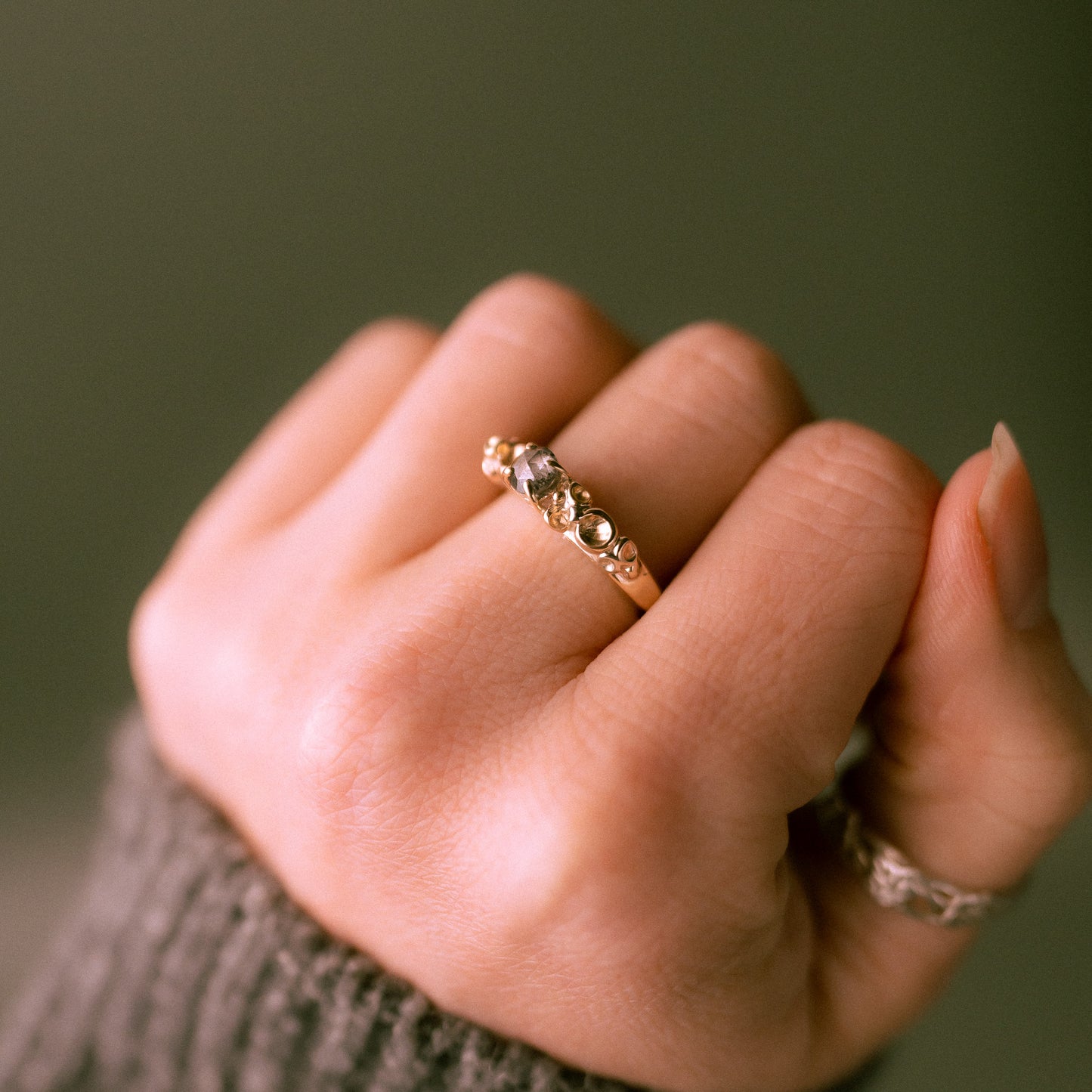 Salt and Pepper Rose Cut Diamond Gold Barnacle Ring