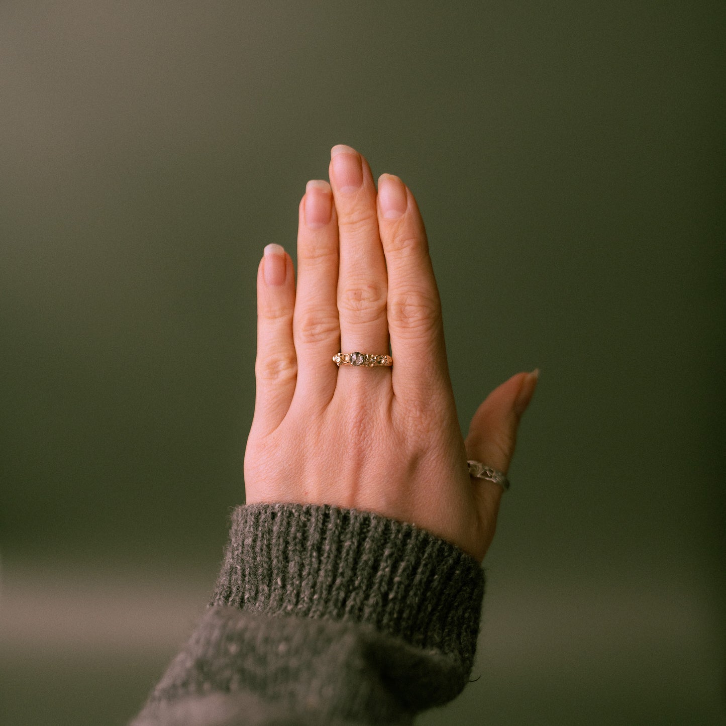 Salt and Pepper Rose Cut Diamond Gold Barnacle Ring