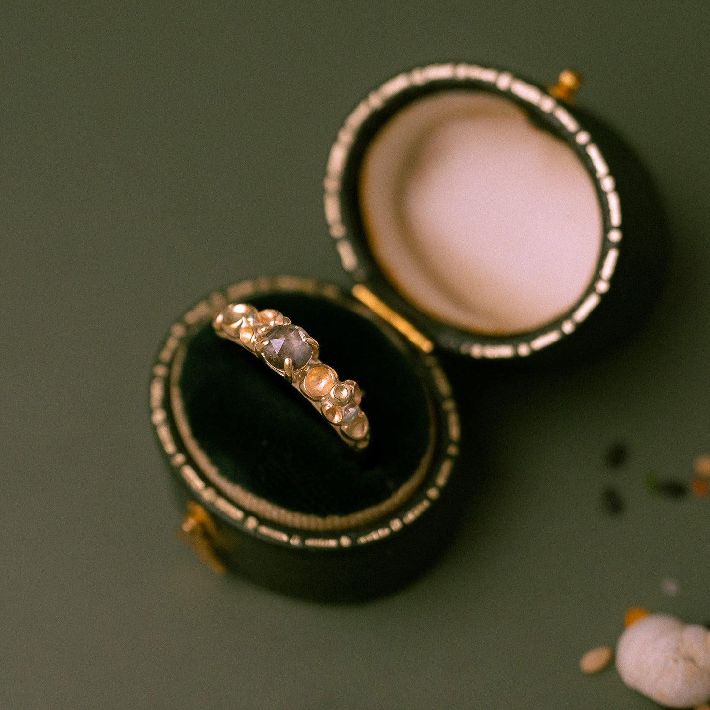 Salt and Pepper Rose Cut Diamond Gold Barnacle Ring