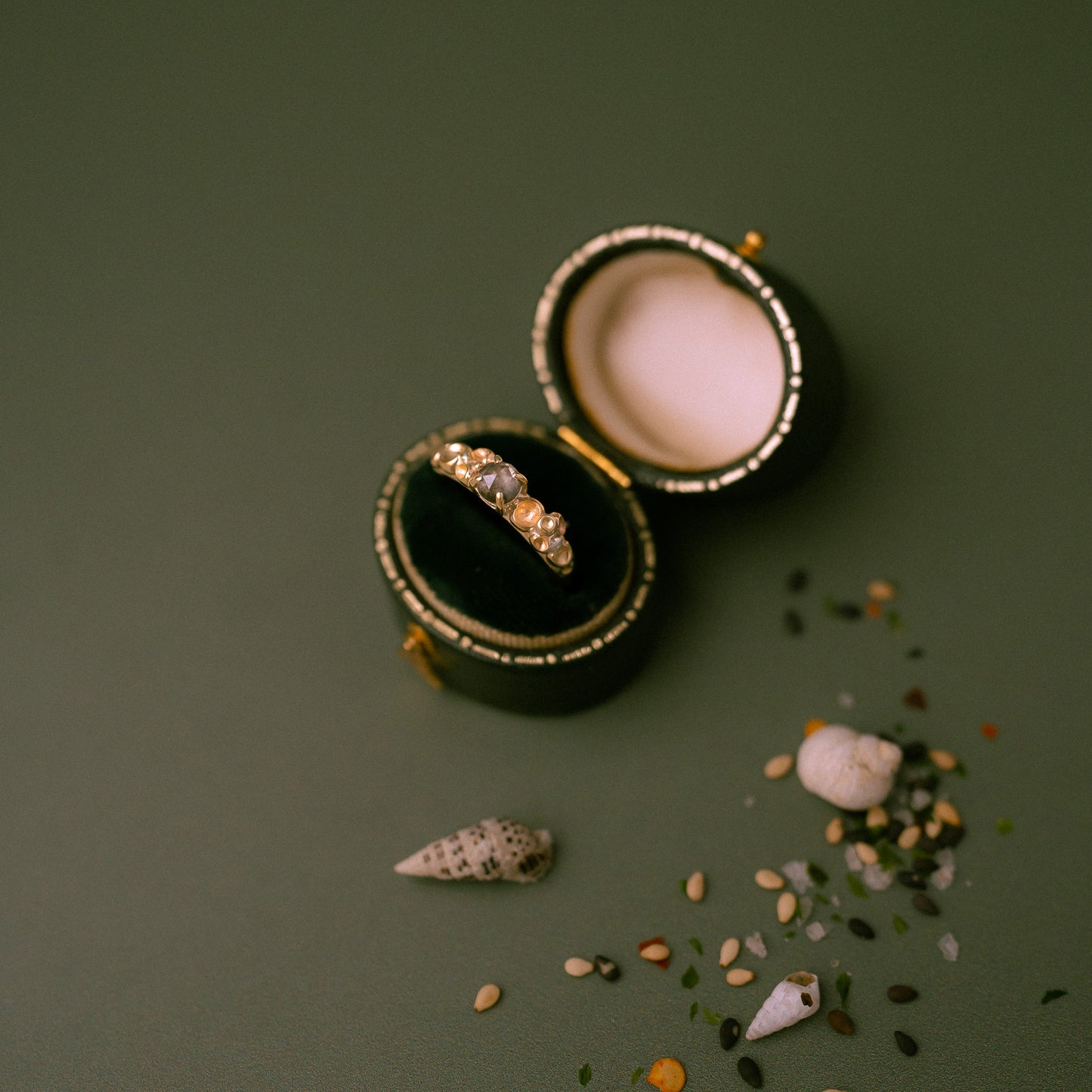 Salt and Pepper Rose Cut Diamond Gold Barnacle Ring