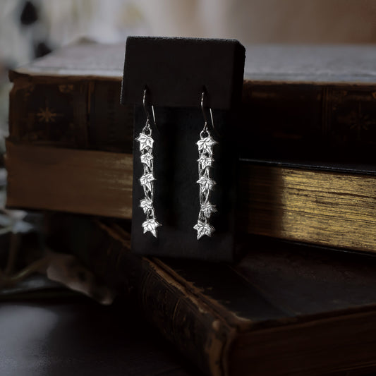 Ivy Vine and Leaf Long Silver Dangle Earrings