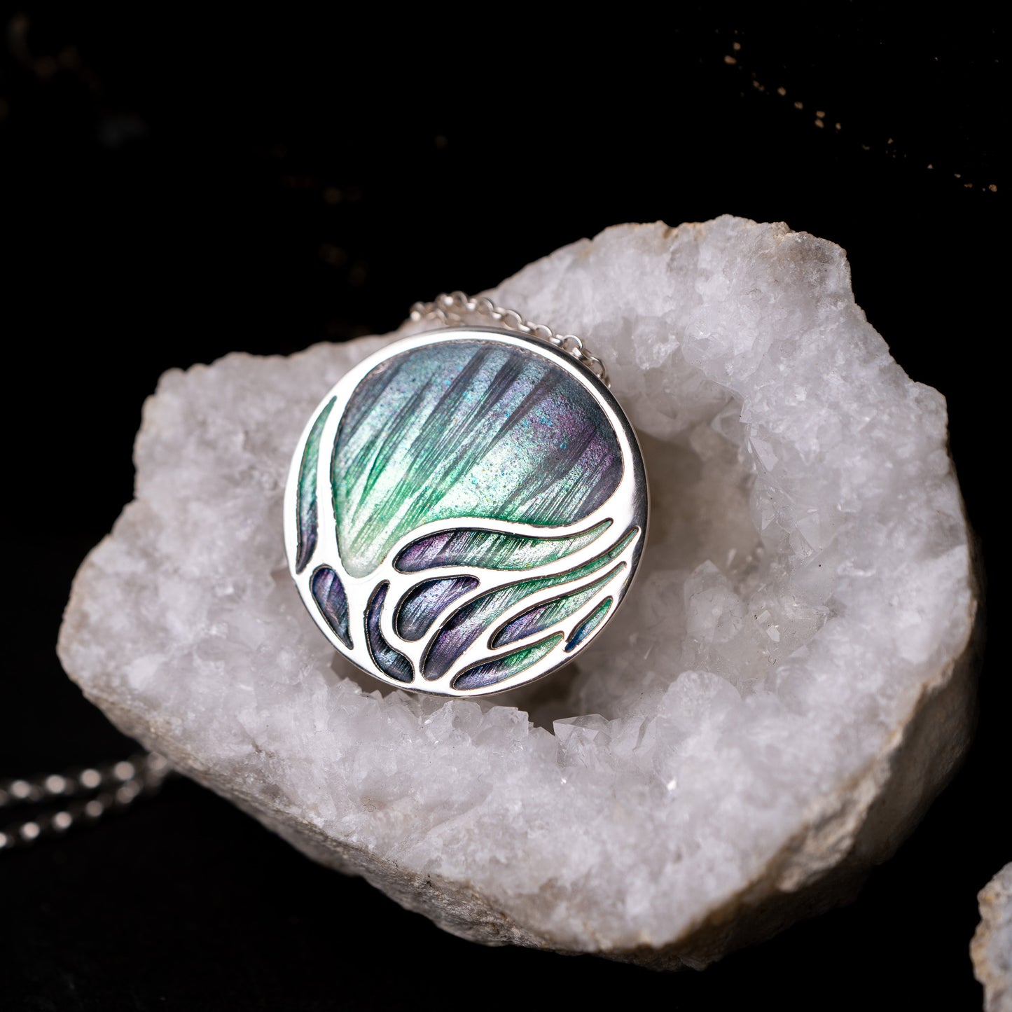 Aurora Large Sterling Silver Enamelled Pendant Necklace