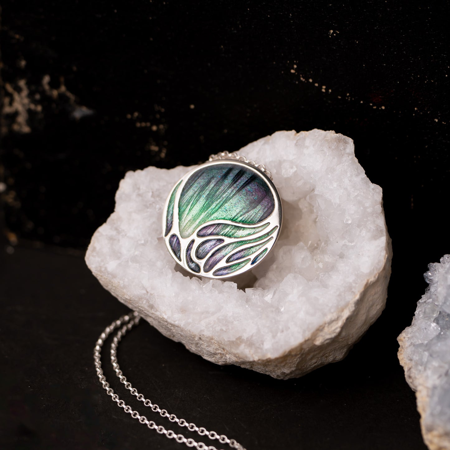 Aurora Large Sterling Silver Enamelled Pendant Necklace