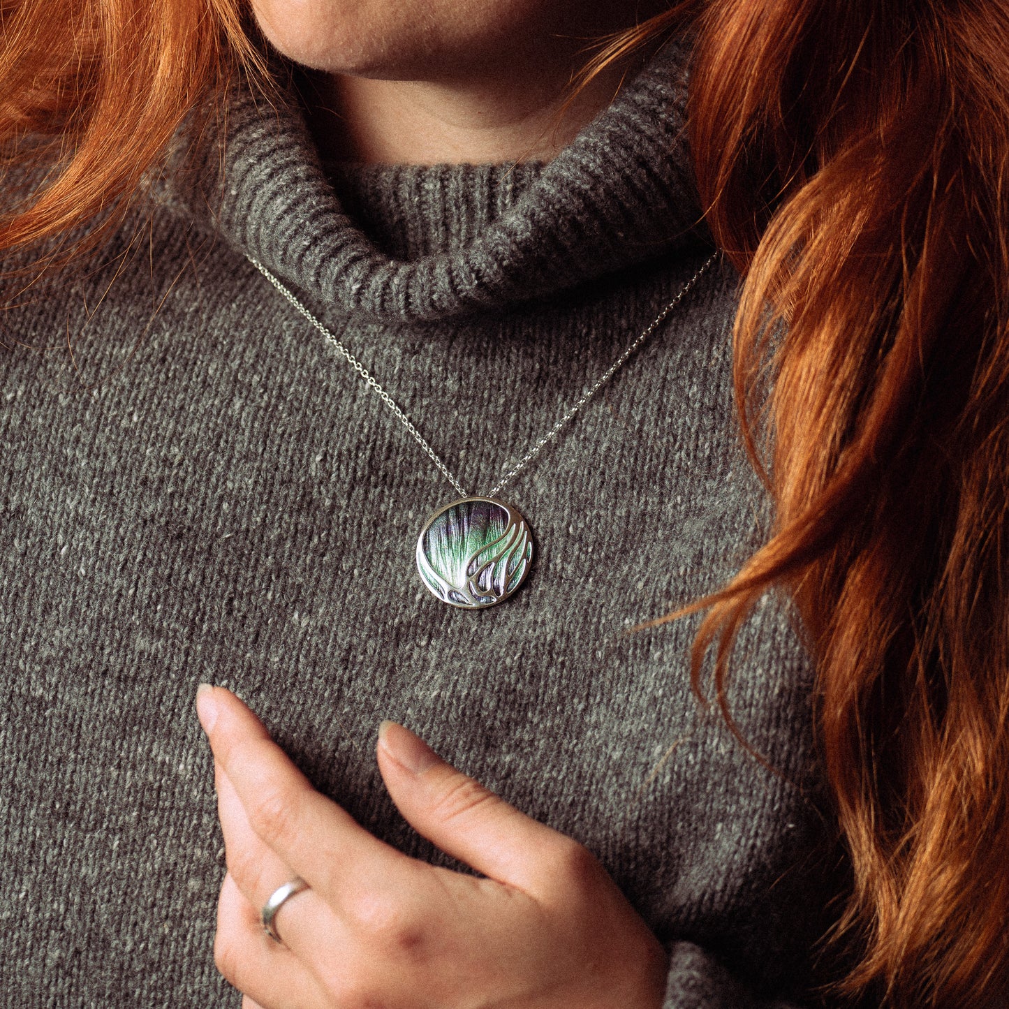Aurora Large Sterling Silver Enamelled Pendant Necklace