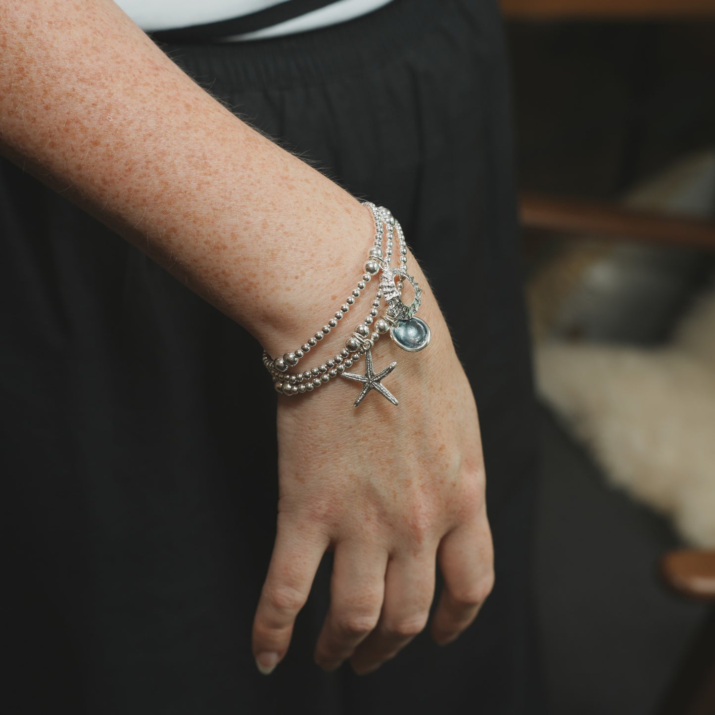Starfish Charm Sterling Silver Stretch Bracelet