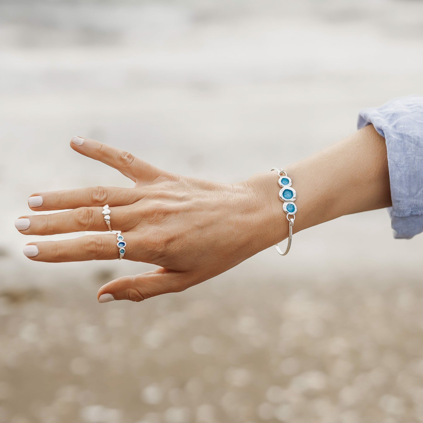 Tidepool Hinged Bangle with Blue Enamel