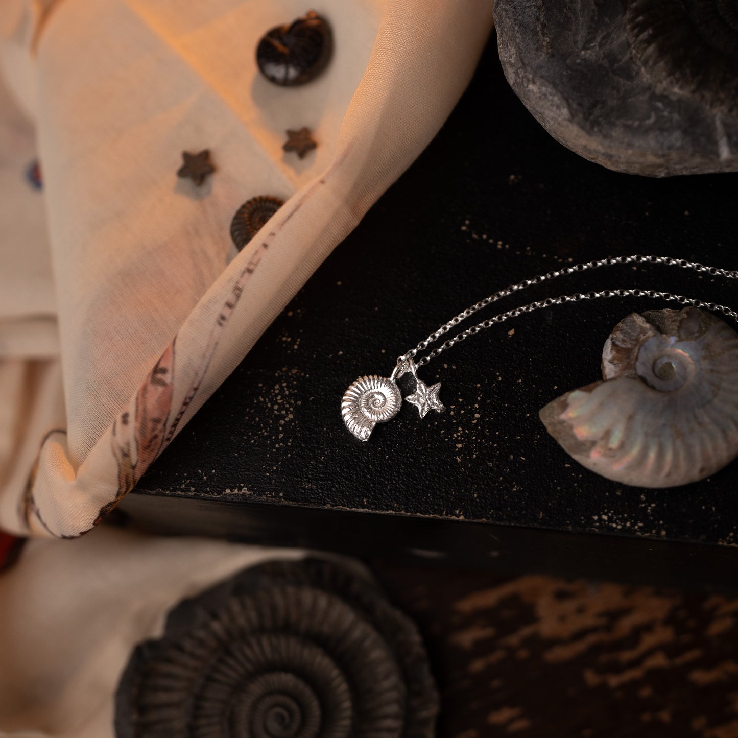Sterling Silver Ammonite and Crinoid Fossil Charm Necklace