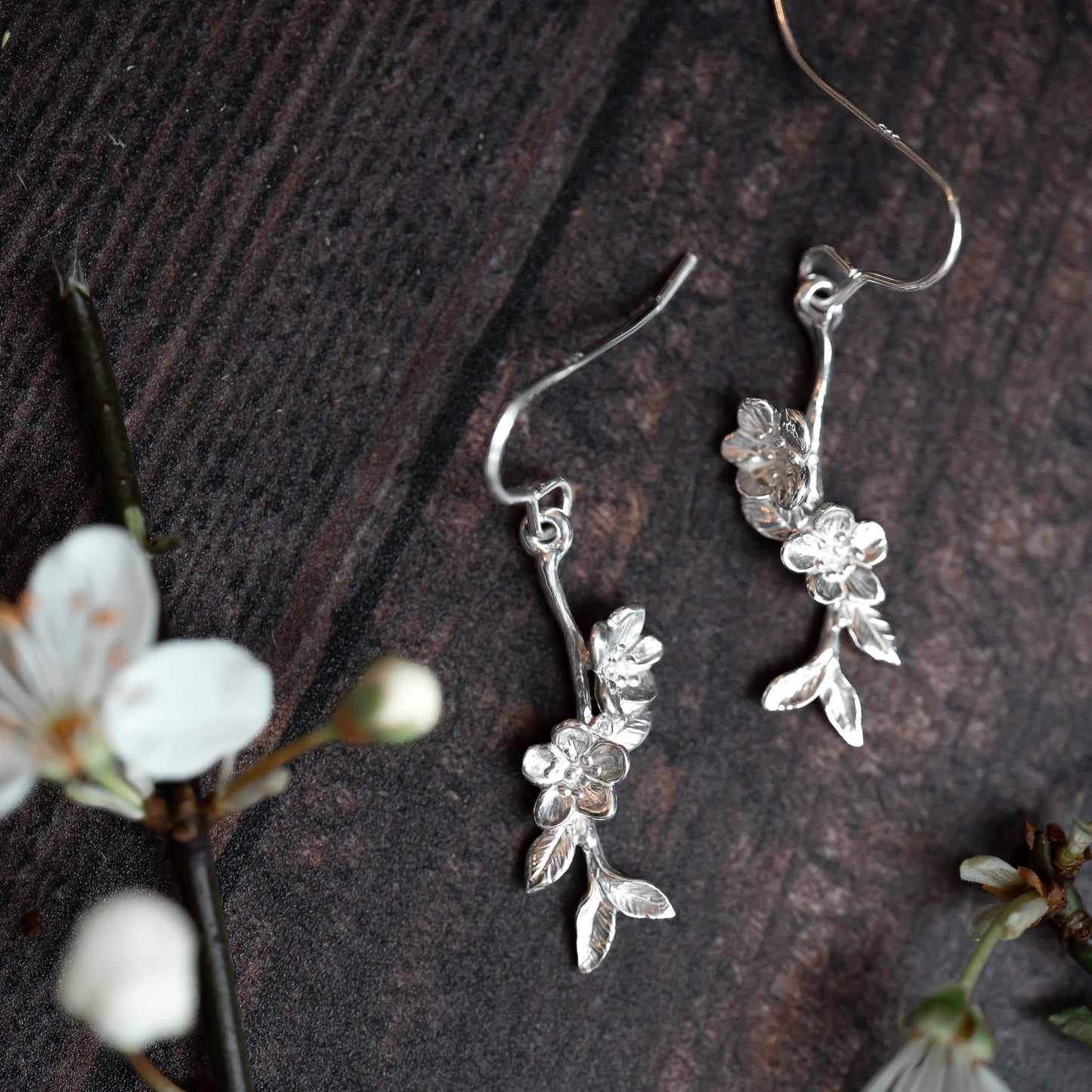 Apple Blossom Silver Twig Earrings