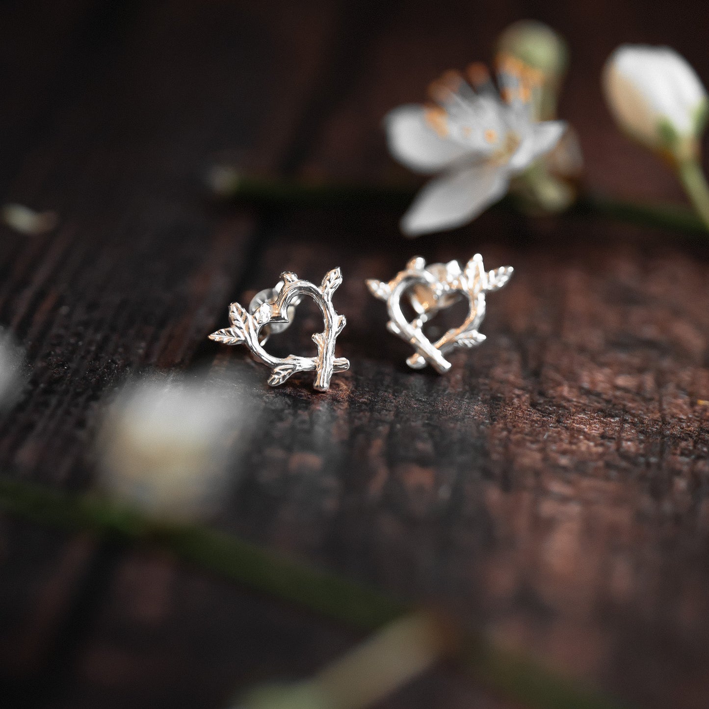 Silver Woodland Twig Heart Earrings