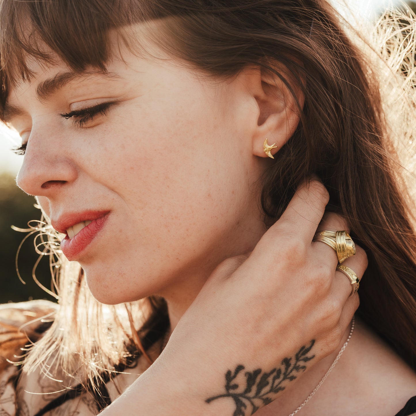 Gold Swallow Stud Earrings