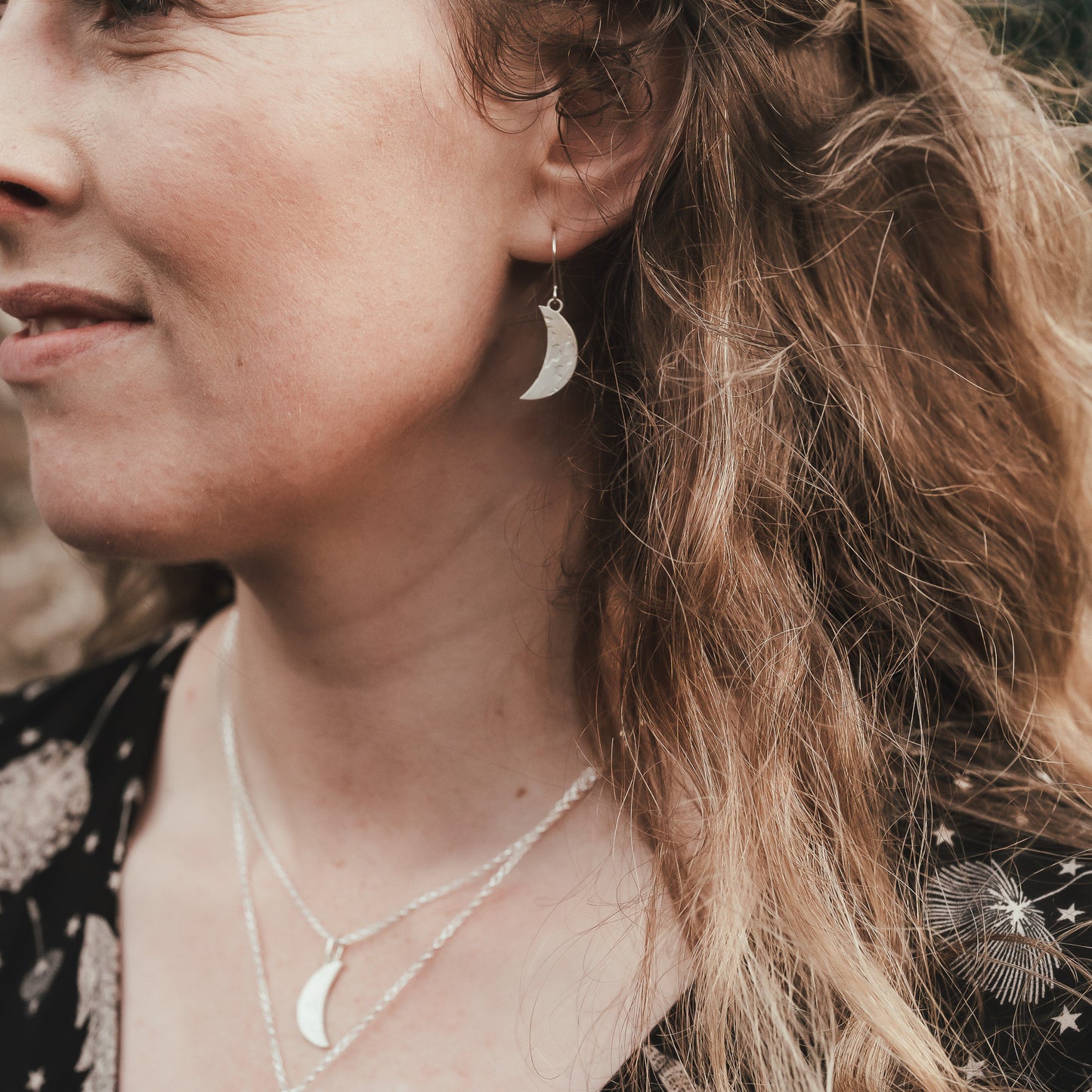 Crescent Moon Sterling Silver Dangle Earrings