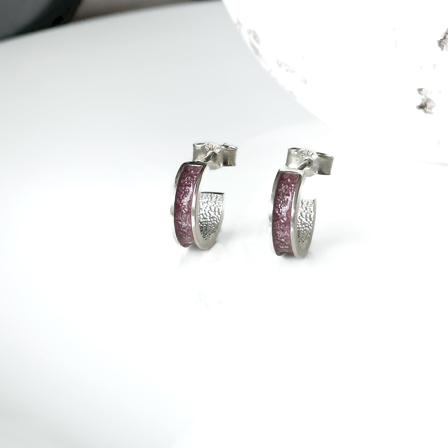 Freyja - Bifröst Silver Enamel Hoop Earrings (Deep Rose Pink)