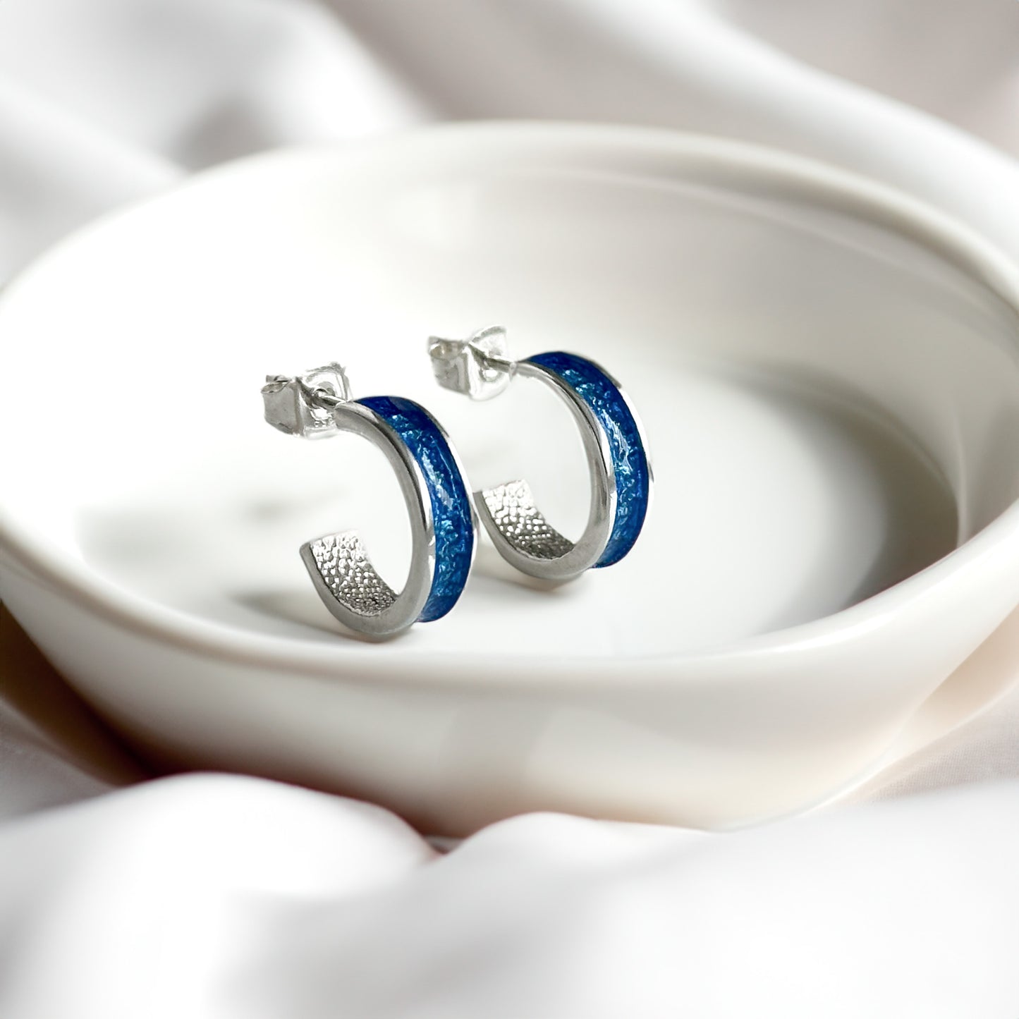 Rán- Bifröst Silver Enamel Hoop Earrings (Sea Blue)