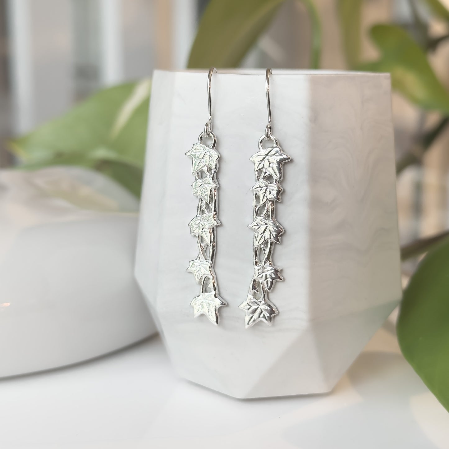 Ivy Vine and Leaf Long Silver Dangle Earrings