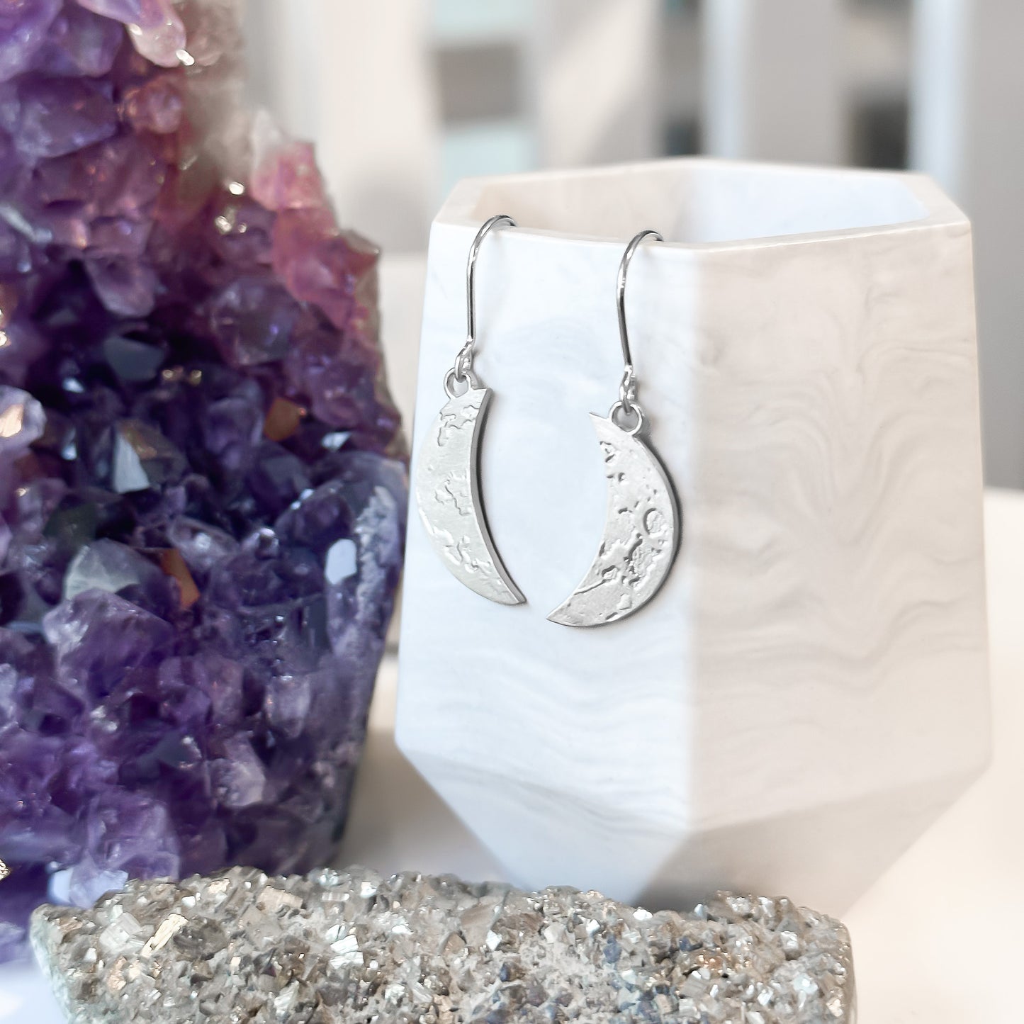 Crescent Moon Sterling Silver Dangle Earrings