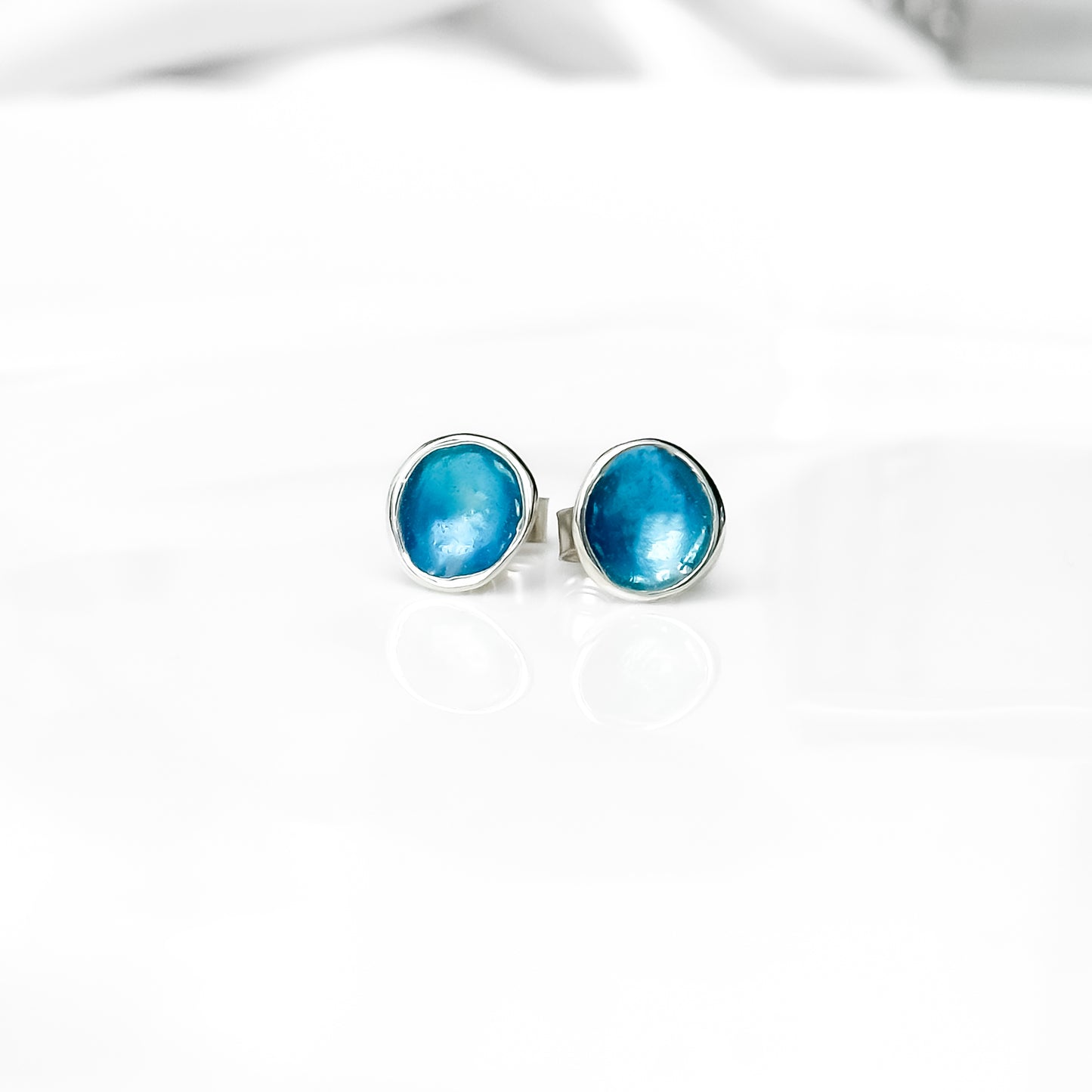 'Carrick Bay' Blue Enamel Silver Droplet Stud Earrings