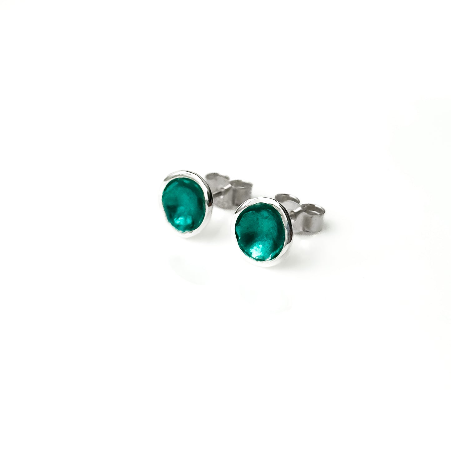 'Lost Forest' Green Enamel Silver Droplet Stud Earrings