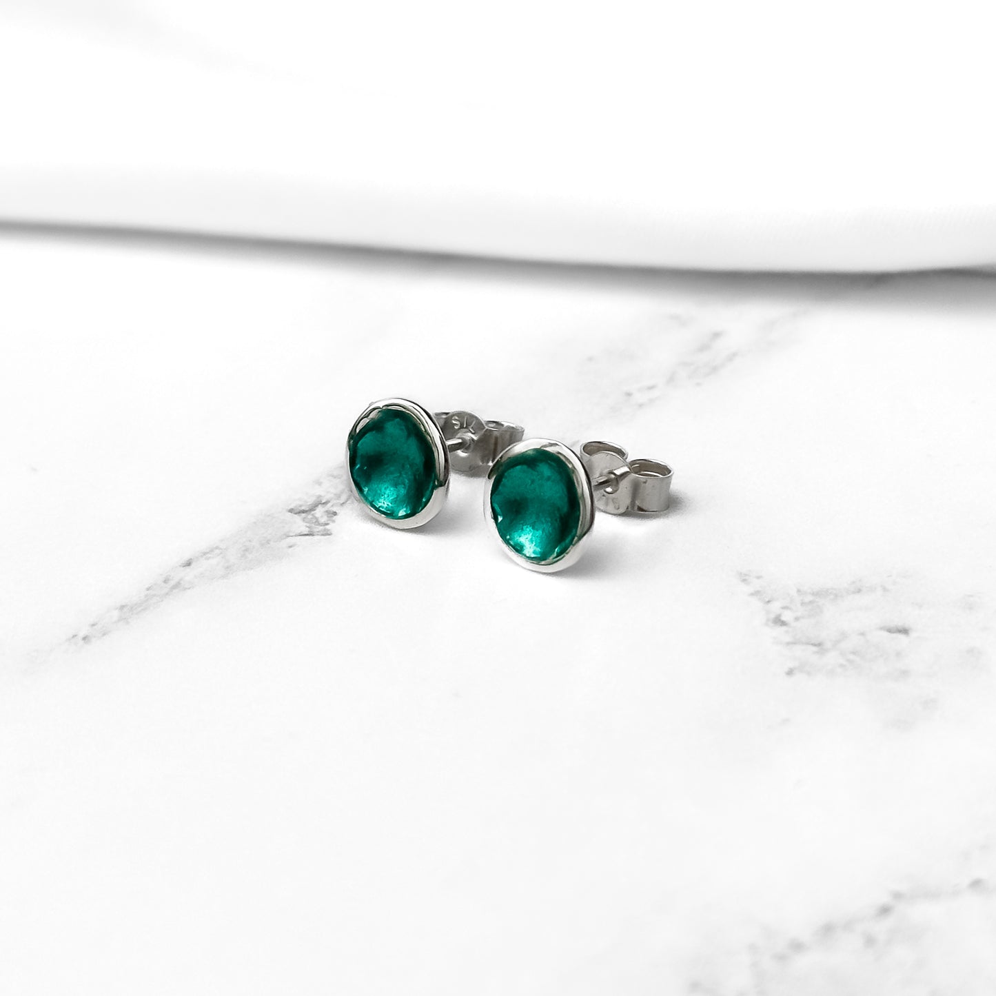 'Lost Forest' Green Enamel Silver Droplet Stud Earrings
