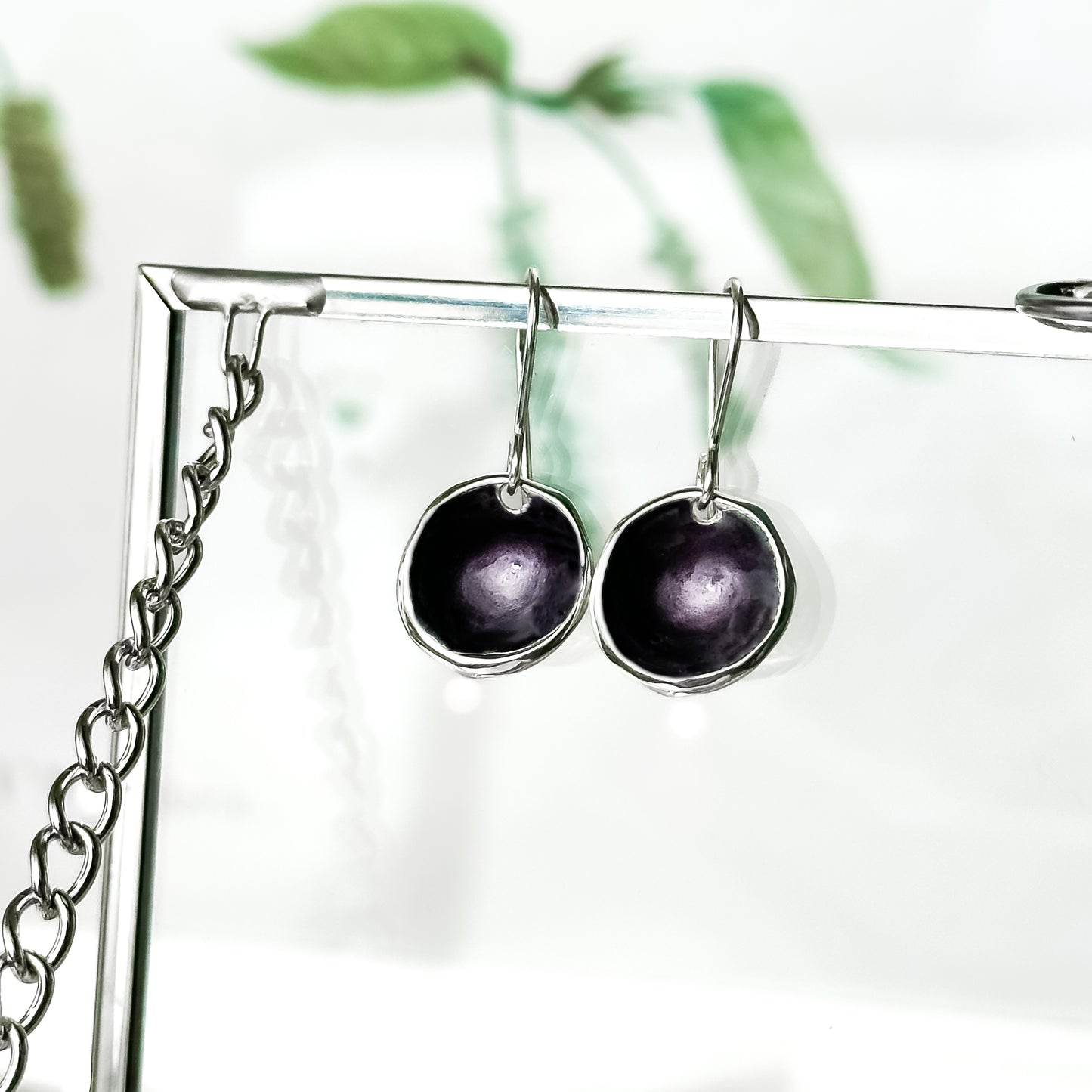 'Blackberry' Dark Purple Silver Droplet Dangle Earrings