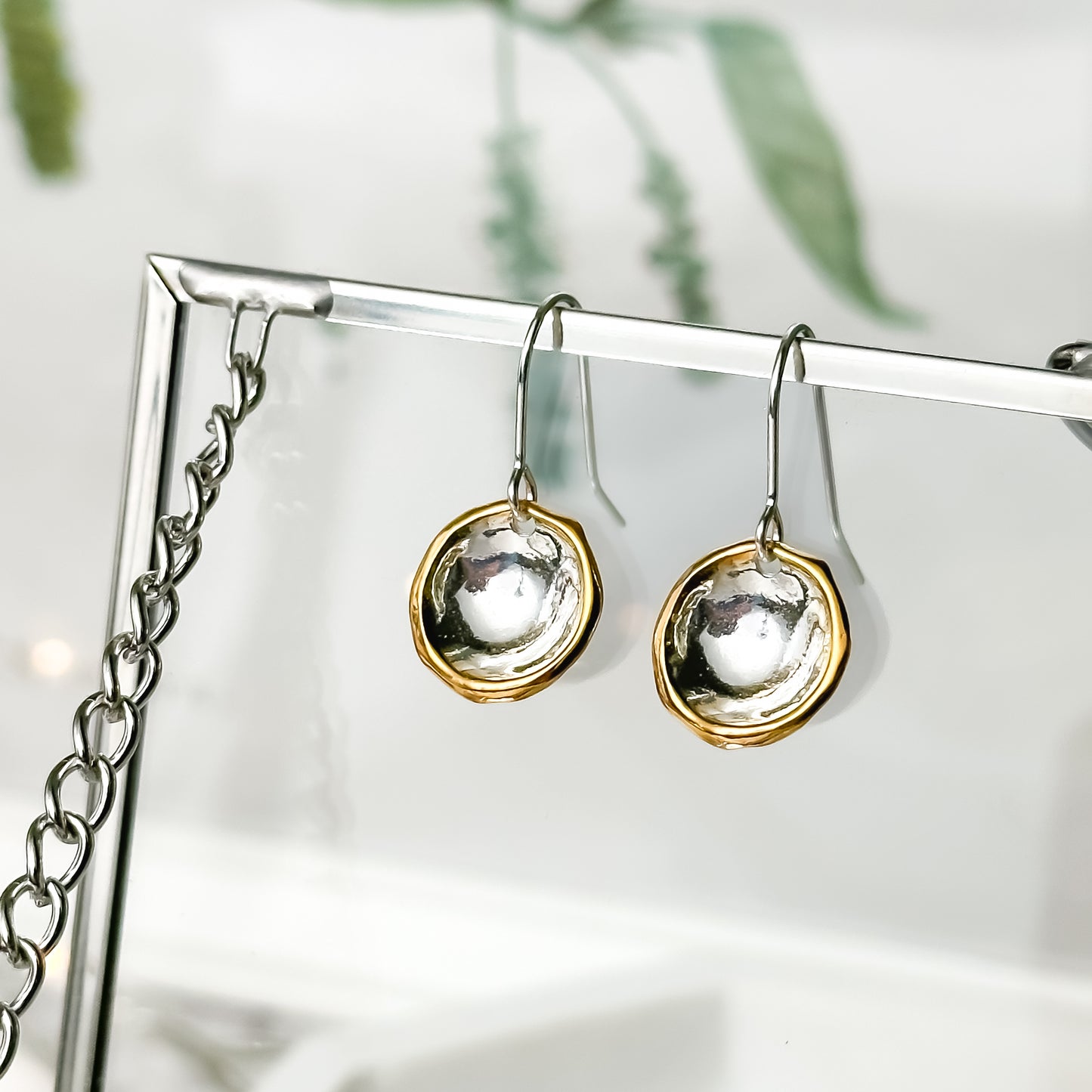 Gold Edged Silver Droplet Dangle Earrings