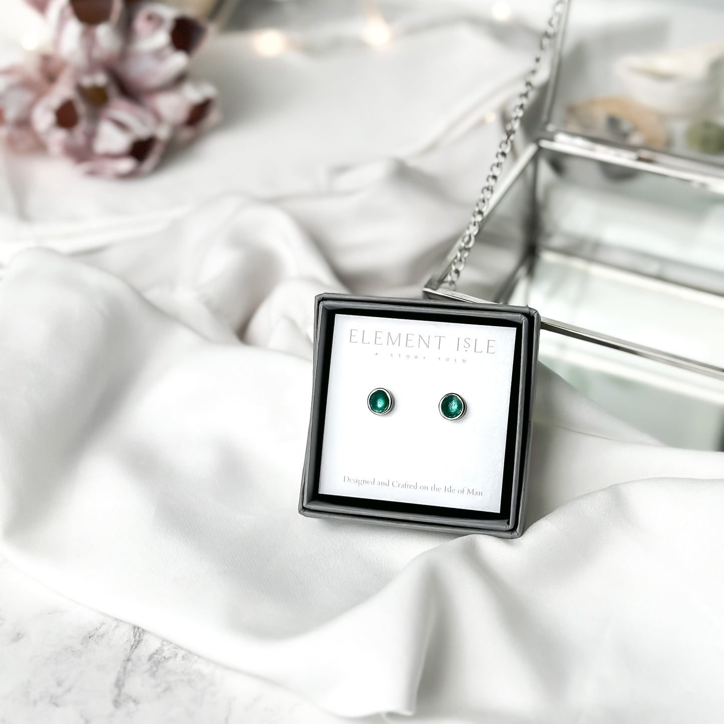 'Lost Forest' Green Enamel Silver Droplet Stud Earrings