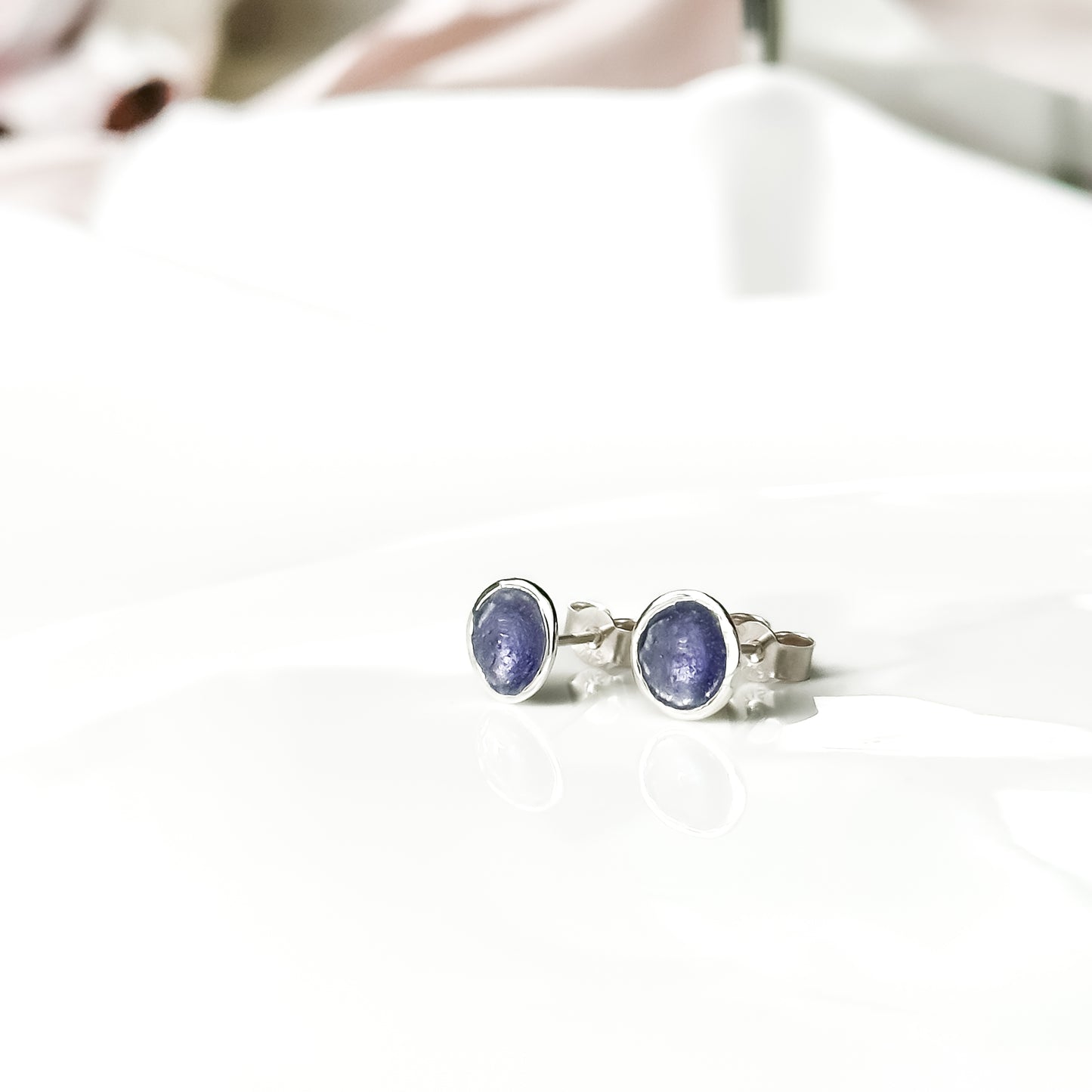 'Heather' Purple Enamel Silver Droplet Stud Earrings