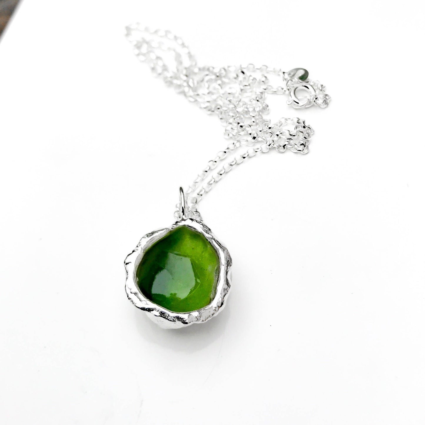 Sterling Silver 'Hidden Glen' Green Enamel Droplet Necklace