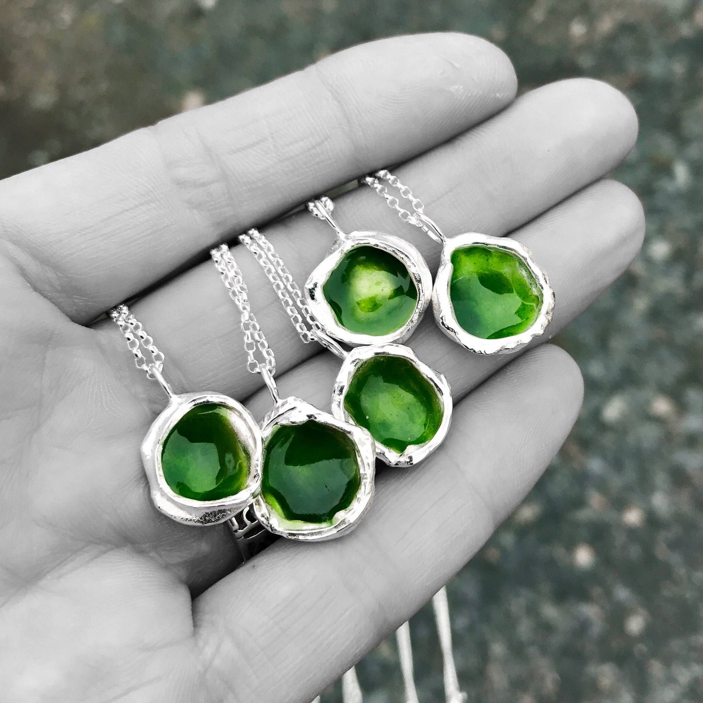 Sterling Silver 'Hidden Glen' Green Enamel Droplet Necklace