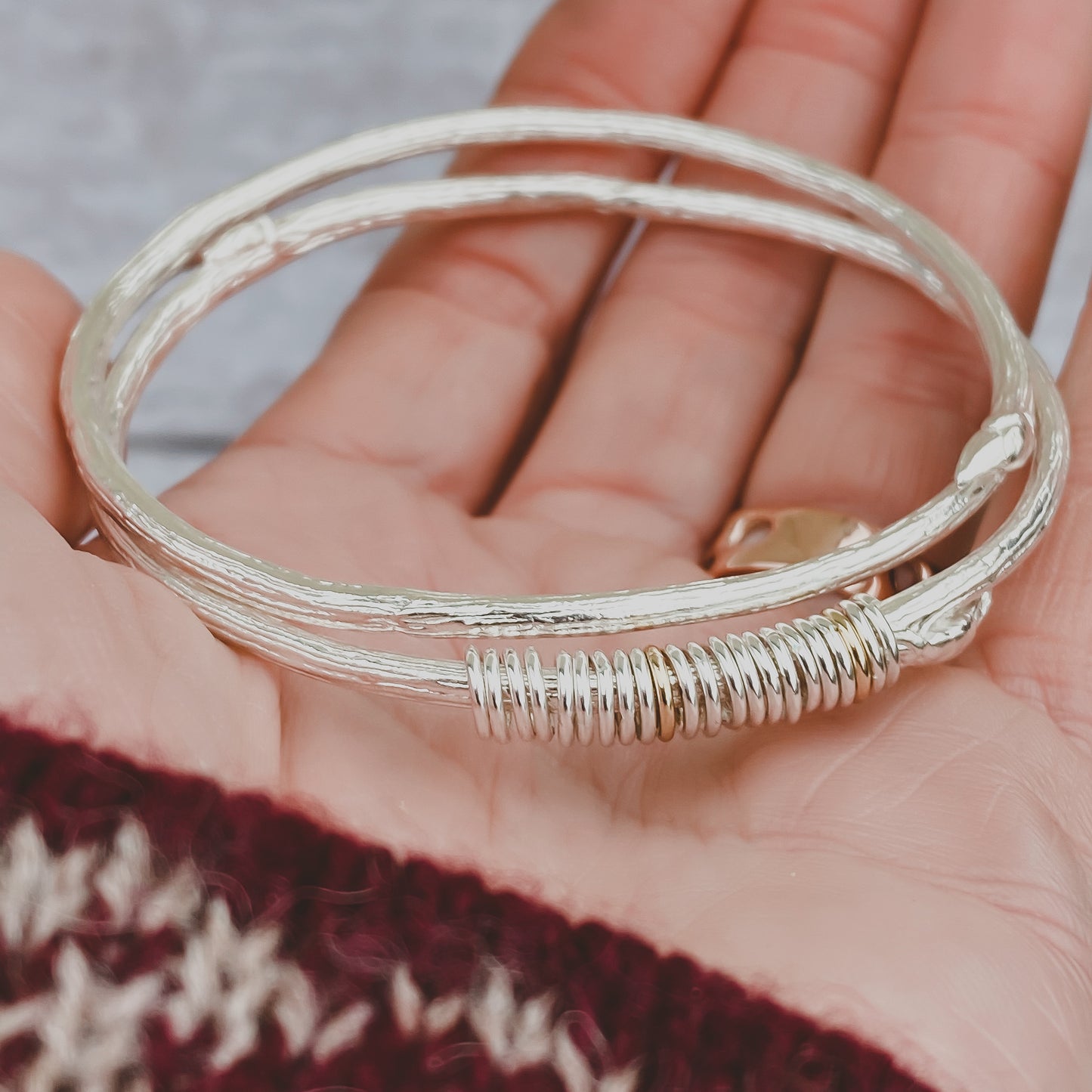 Personalised Rowan Twig Bangle with Solid Gold rings for special occasions