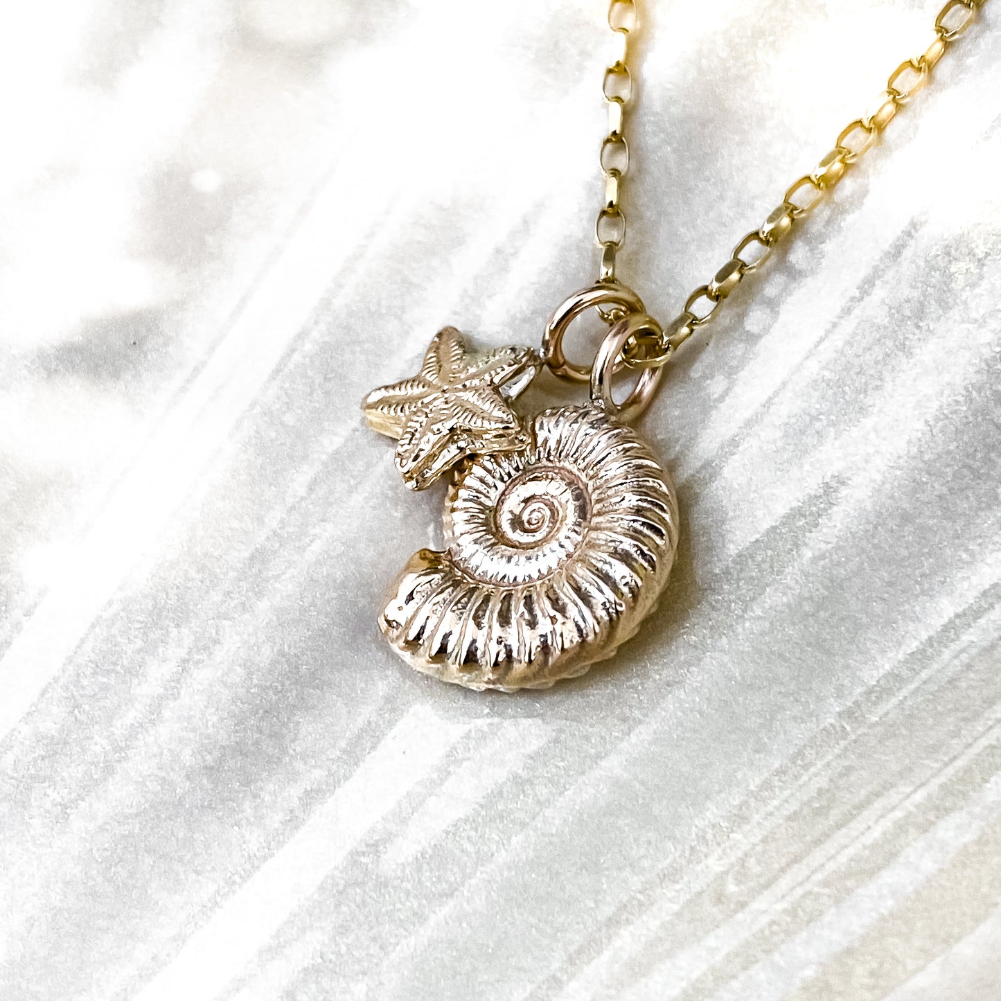 Gold Ammonite and Crinoid Fossil Charm Necklace