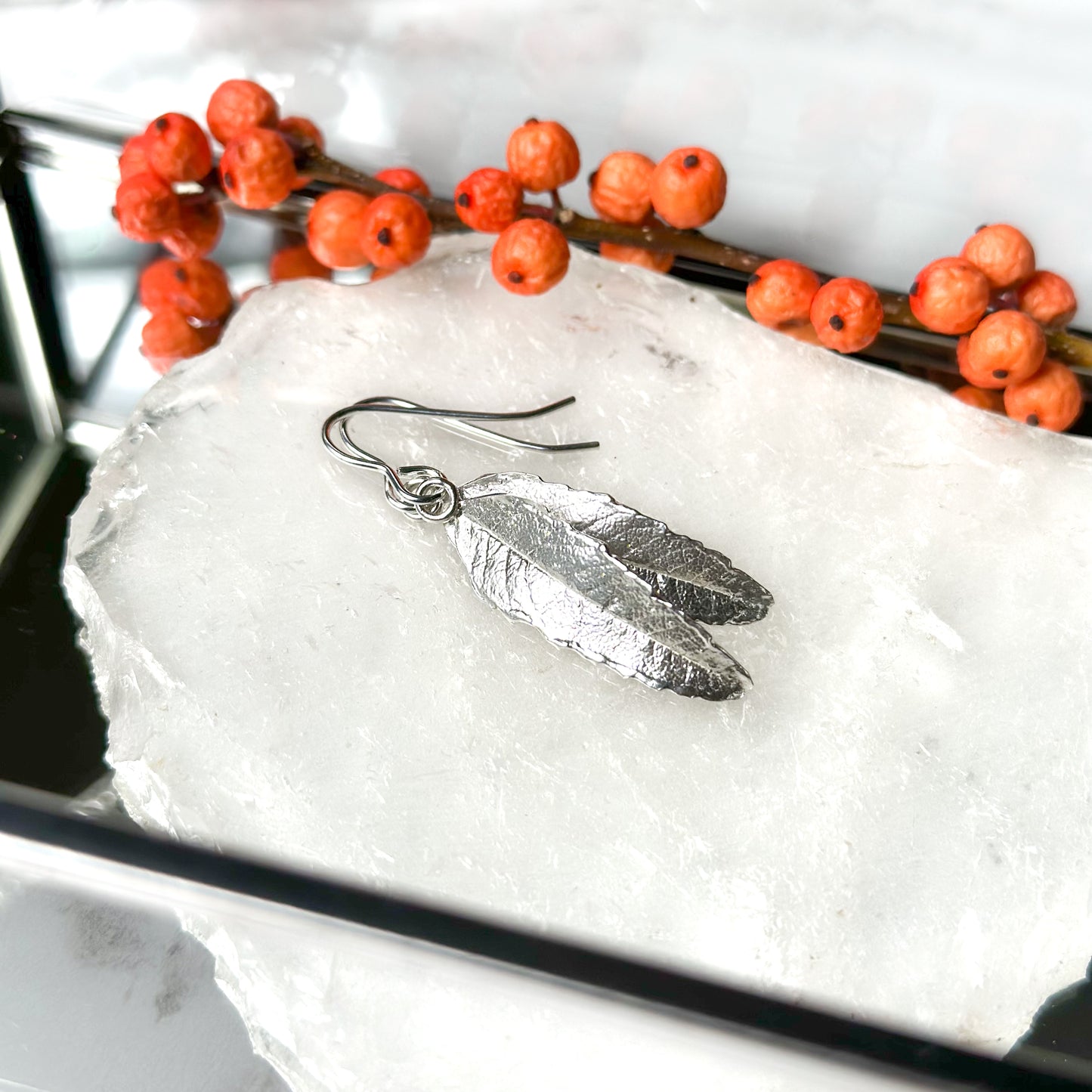 Large Rowan Leaf Sterling Silver Earrings