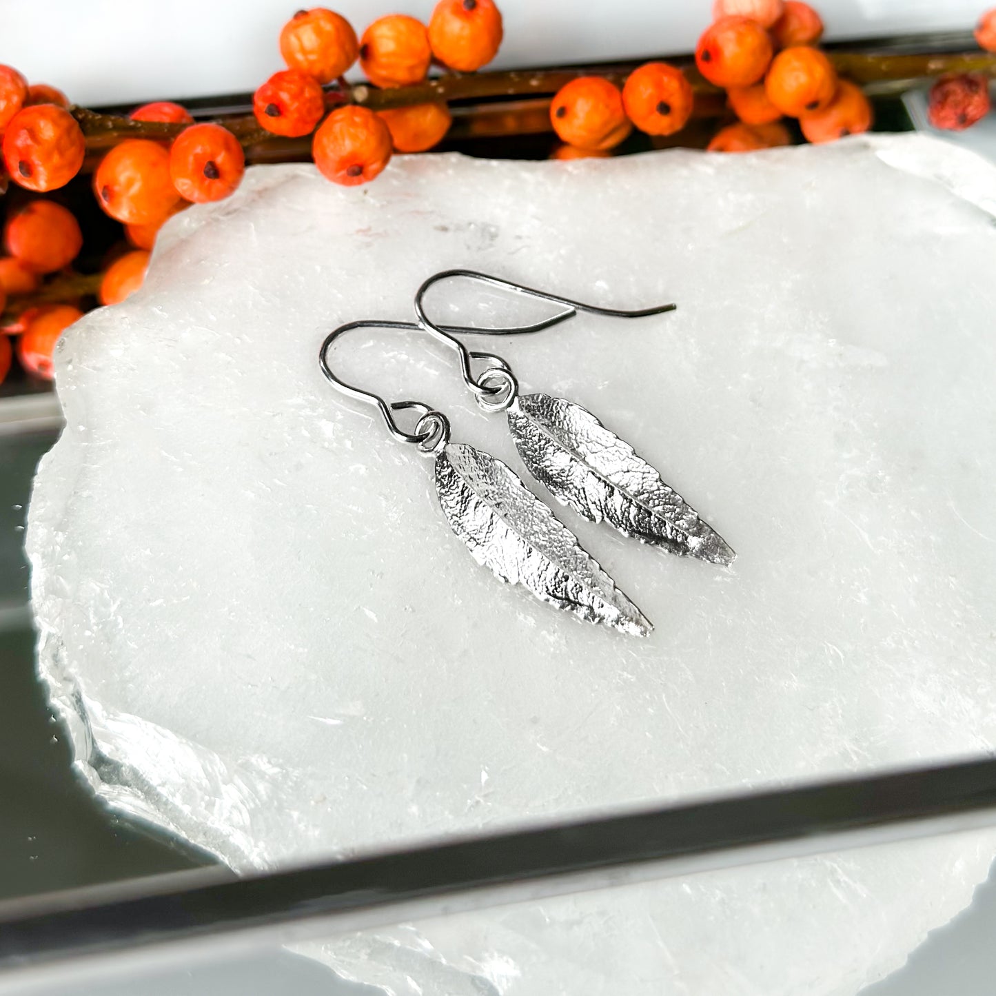 Small Silver Rowan Leaf Earrings