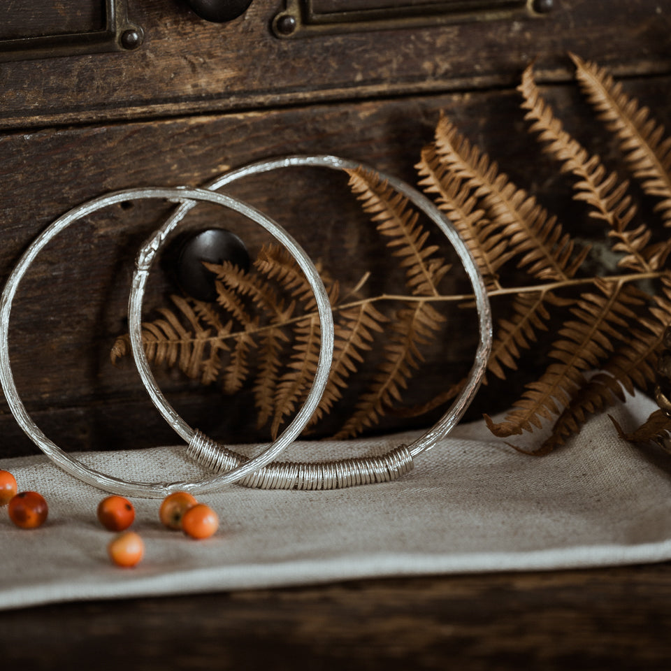Personalised Rowan Twig Bangle with Solid Gold rings for special occasions