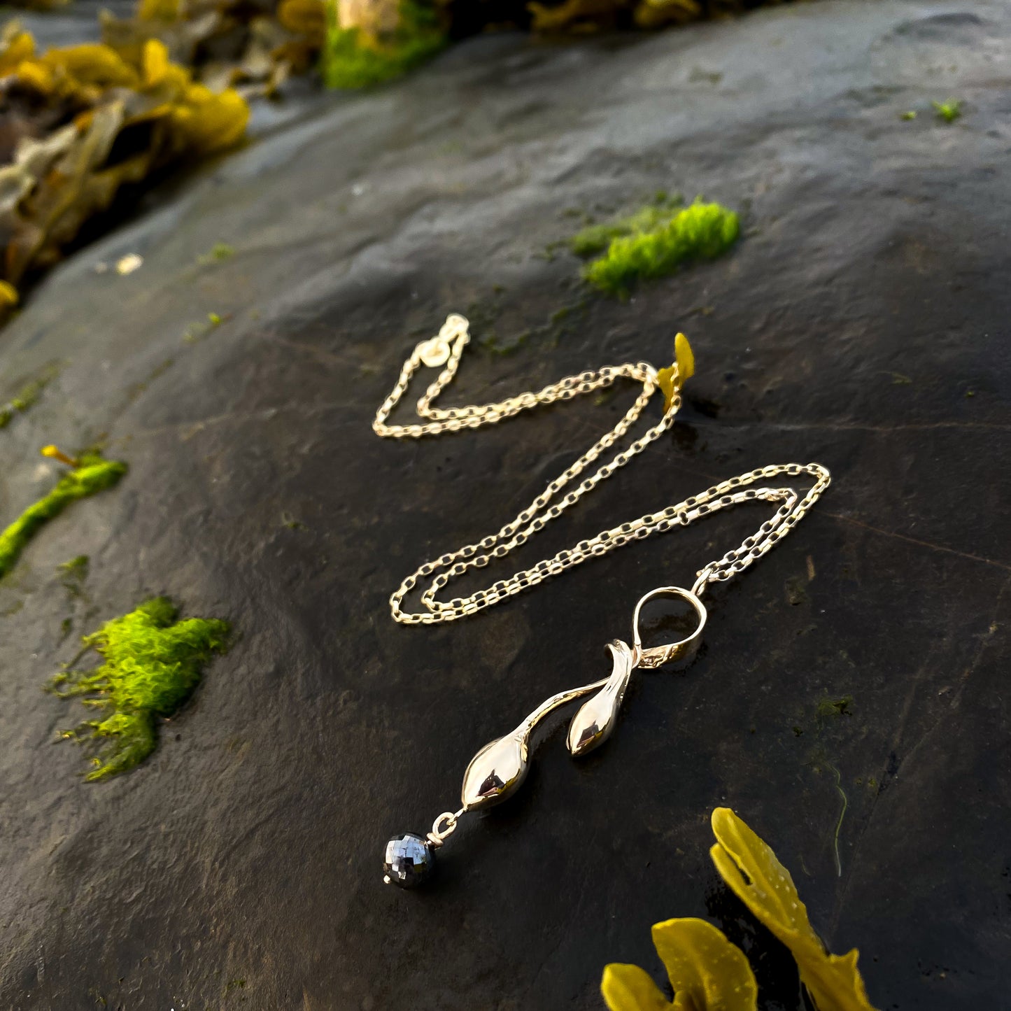 Gold Seaweed Pendant Necklace with Black Diamond