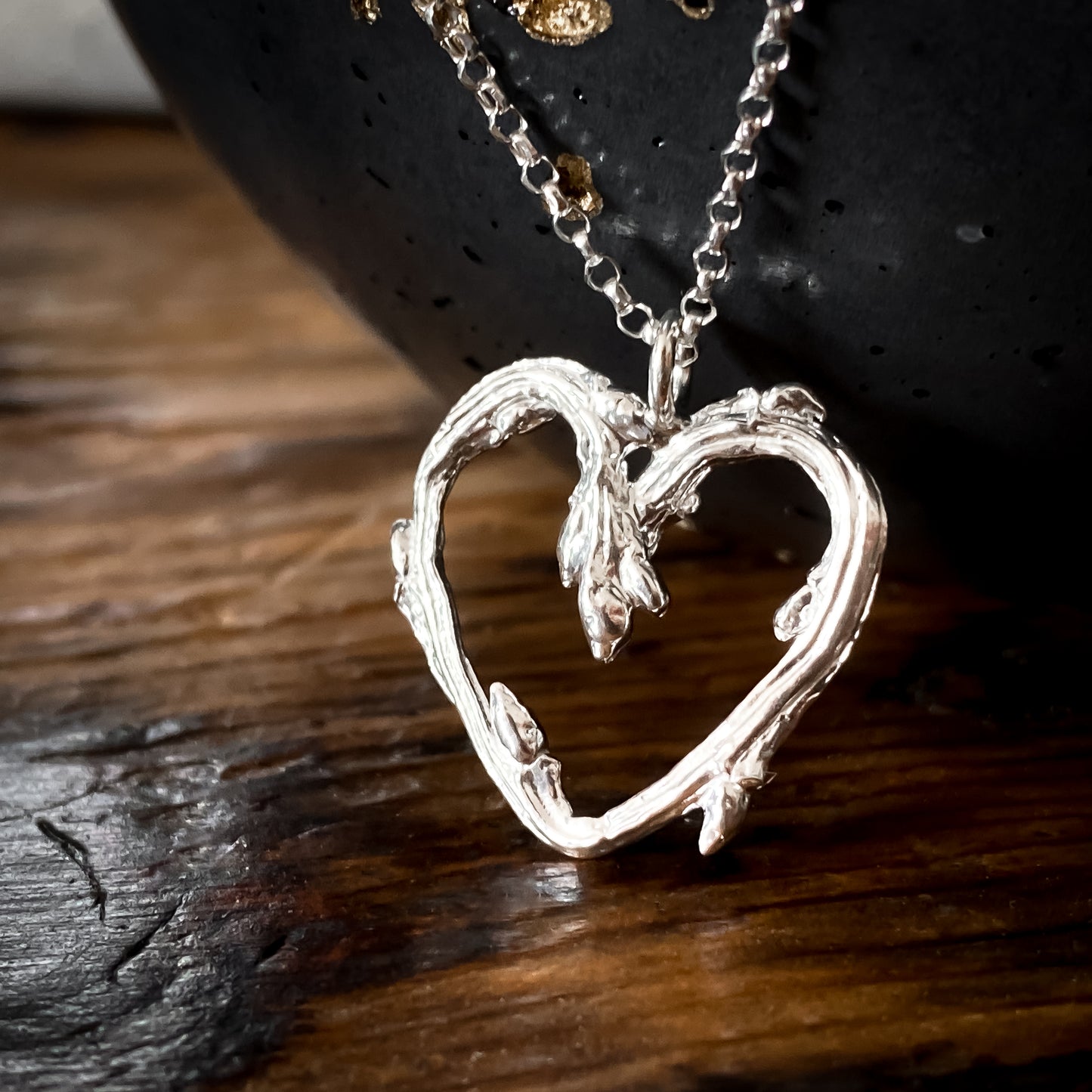 Silver Oak Twig Heart Necklace