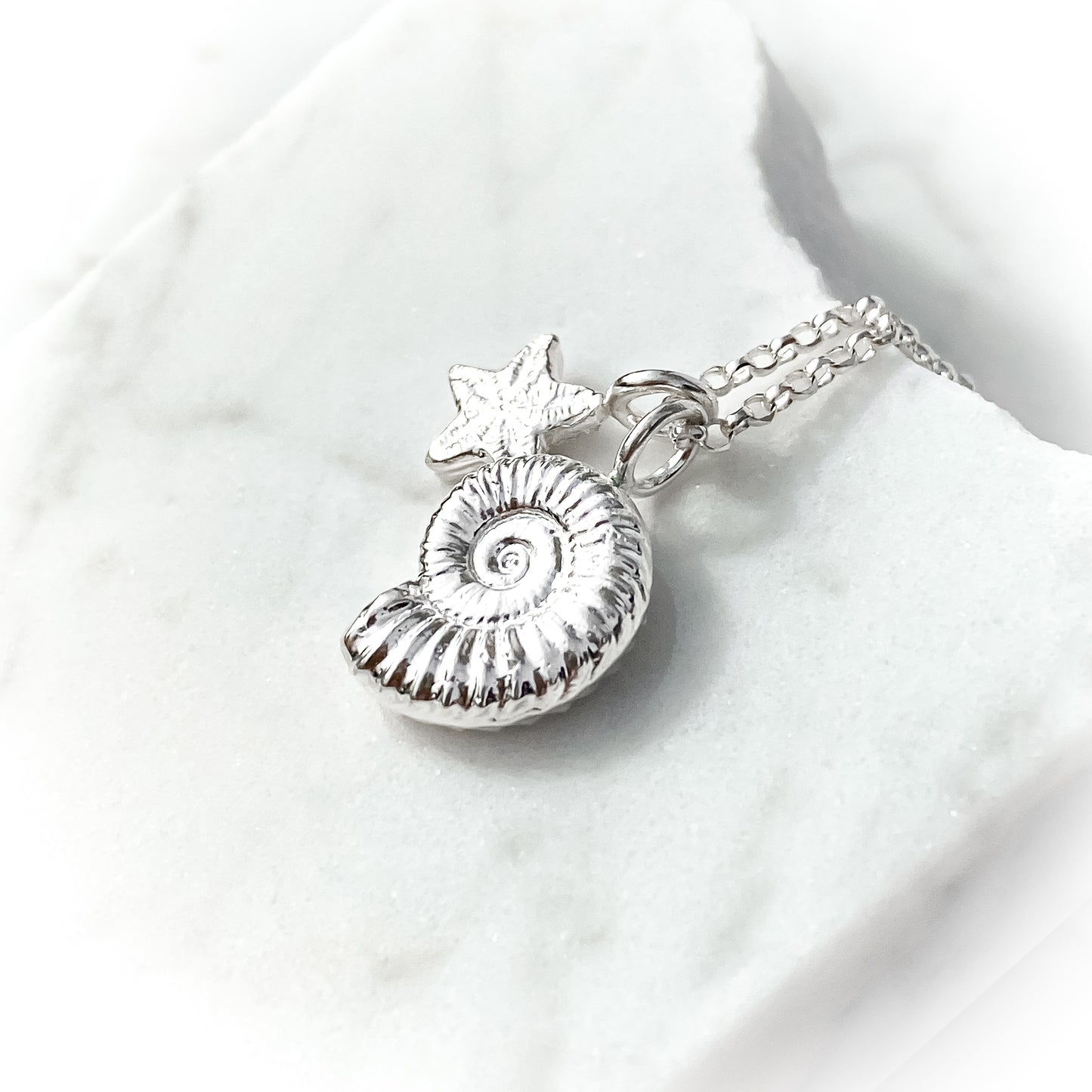 Sterling Silver Ammonite and Crinoid Fossil Charm Necklace