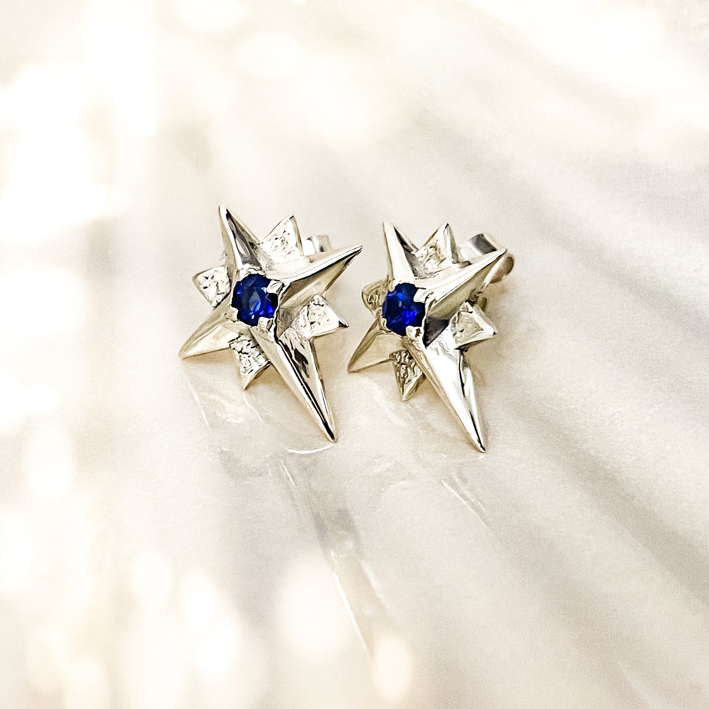 North Star White Gold Large Stud Earrings with Sapphire