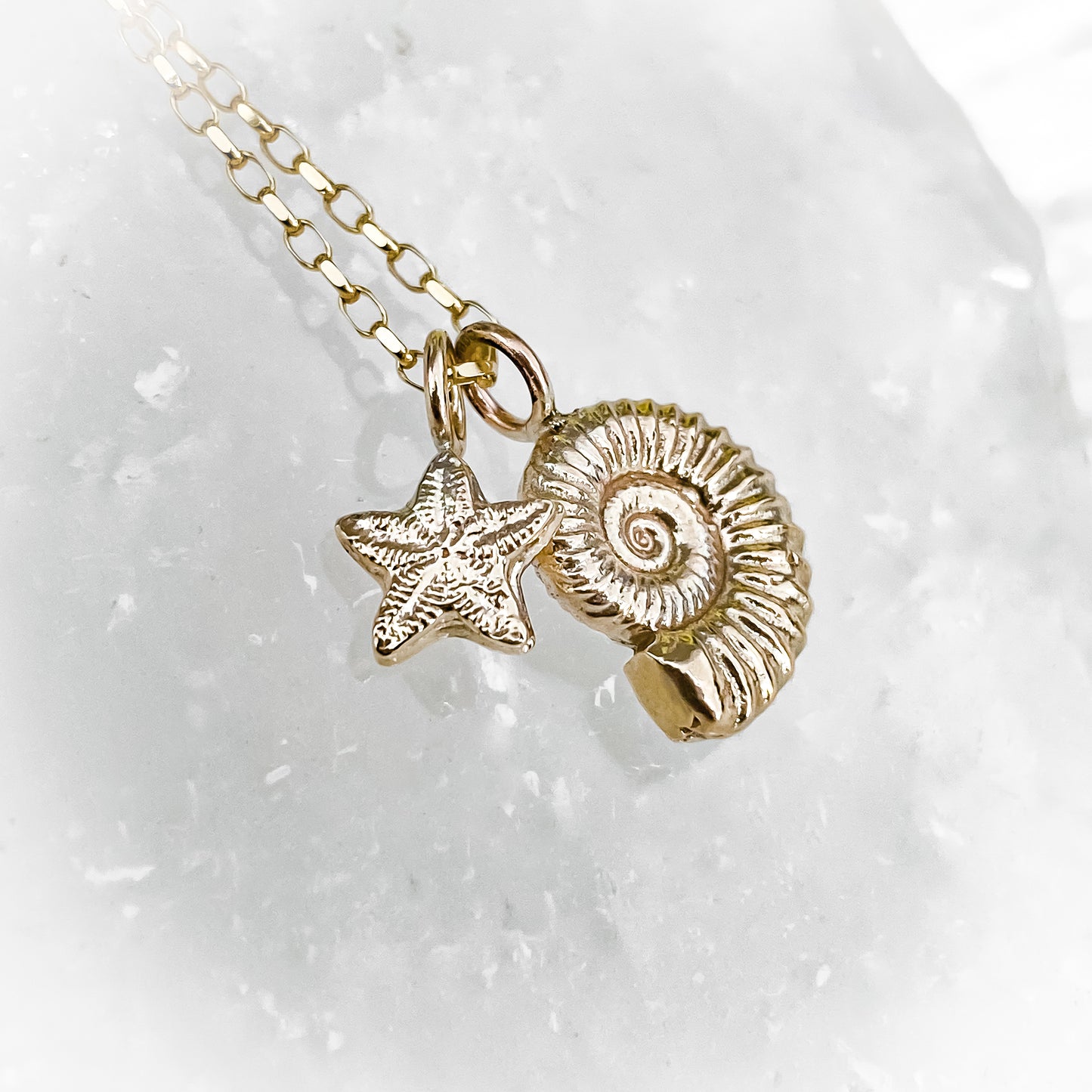 Gold Ammonite and Crinoid Fossil Charm Necklace