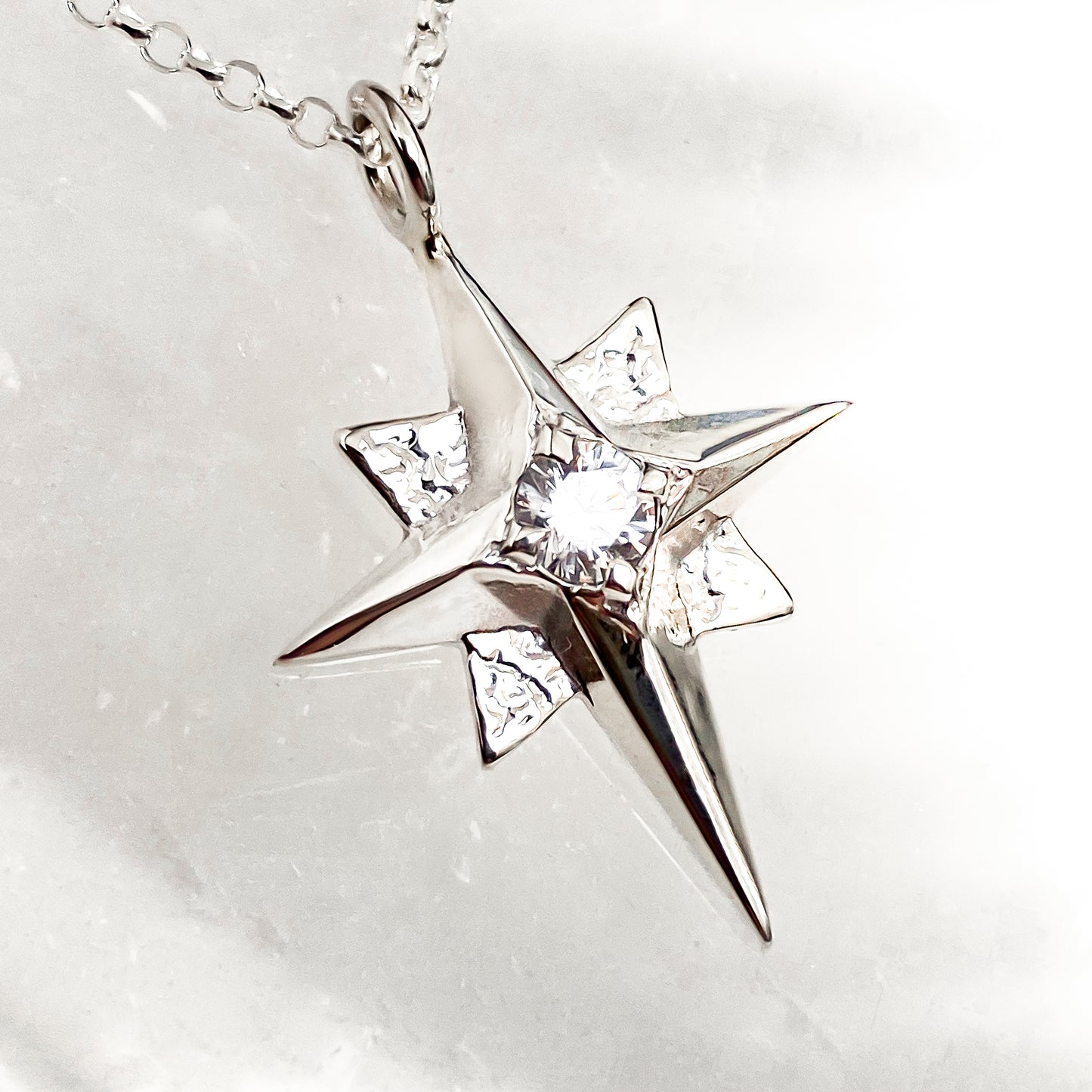 North Star Silver Pendant Necklace with White Topaz