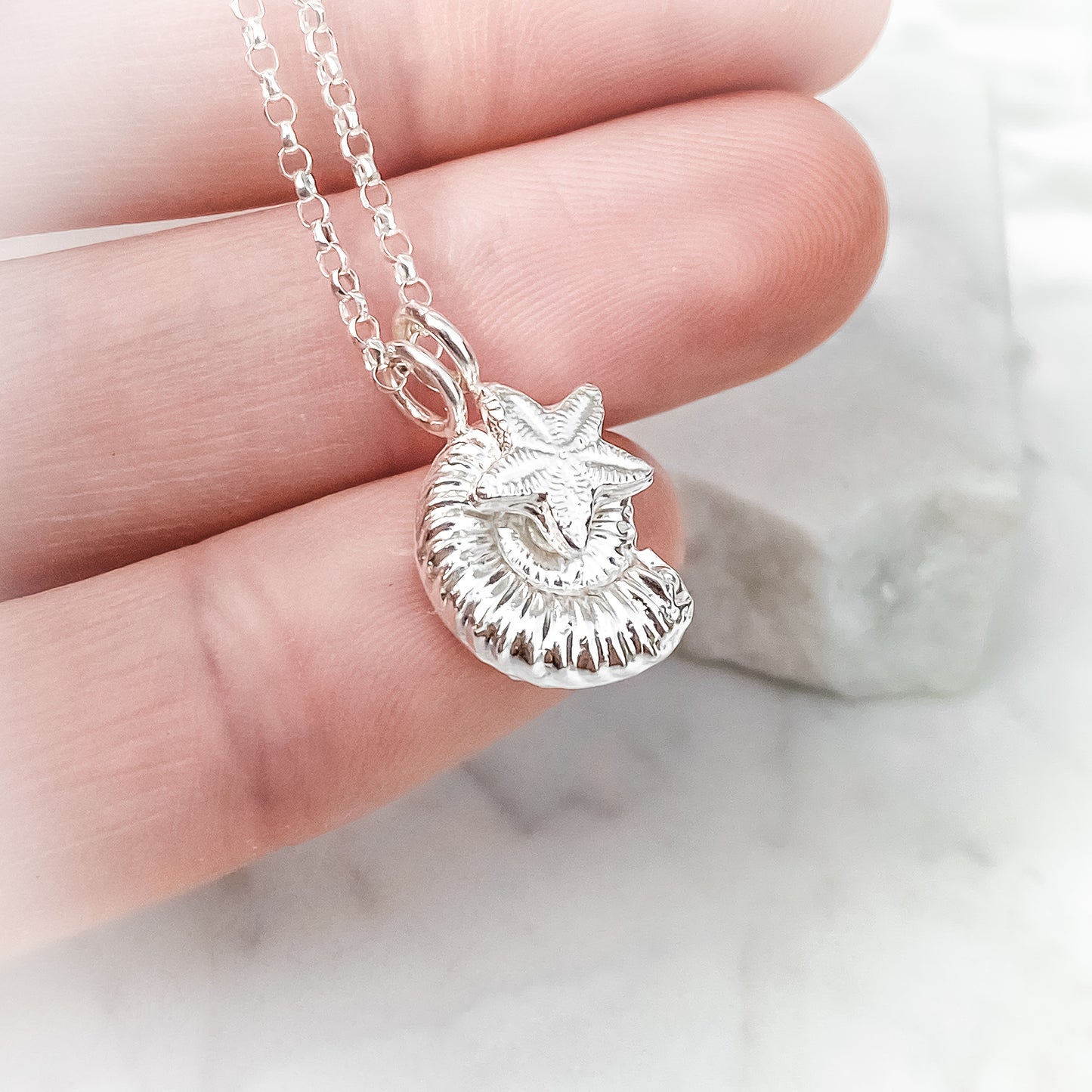 Sterling Silver Ammonite and Crinoid Fossil Charm Necklace