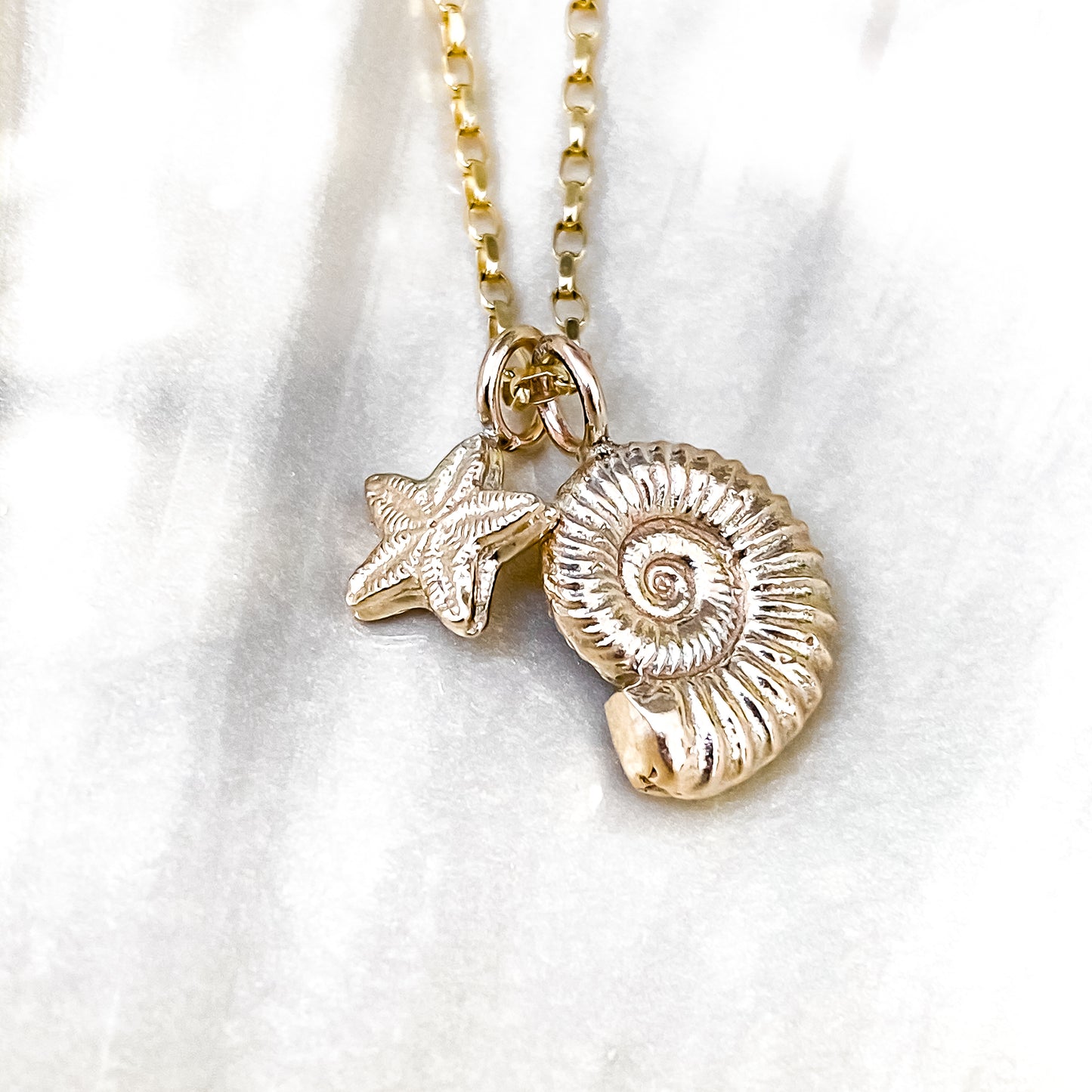 Gold Ammonite and Crinoid Fossil Charm Necklace