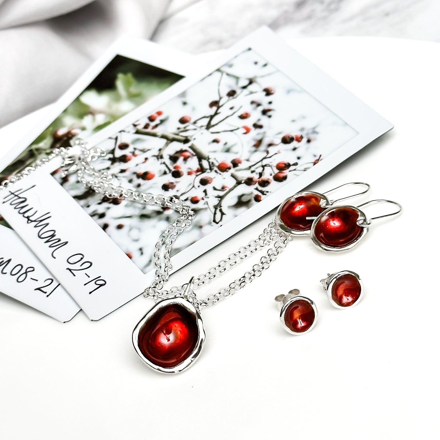 'Hawthorn Berry' Red Enamel Silver Droplet Stud Earrings