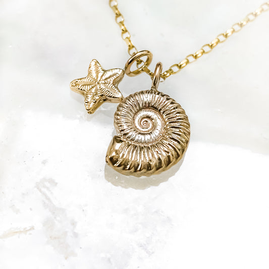 Gold Ammonite and Crinoid Fossil Charm Necklace