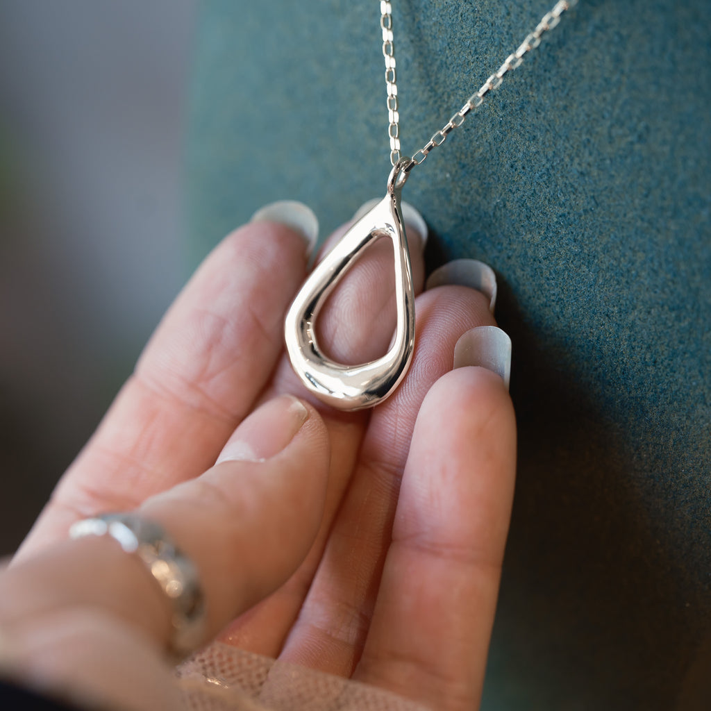Molten Organic Sterling Silver Teardrop Pendant Necklace