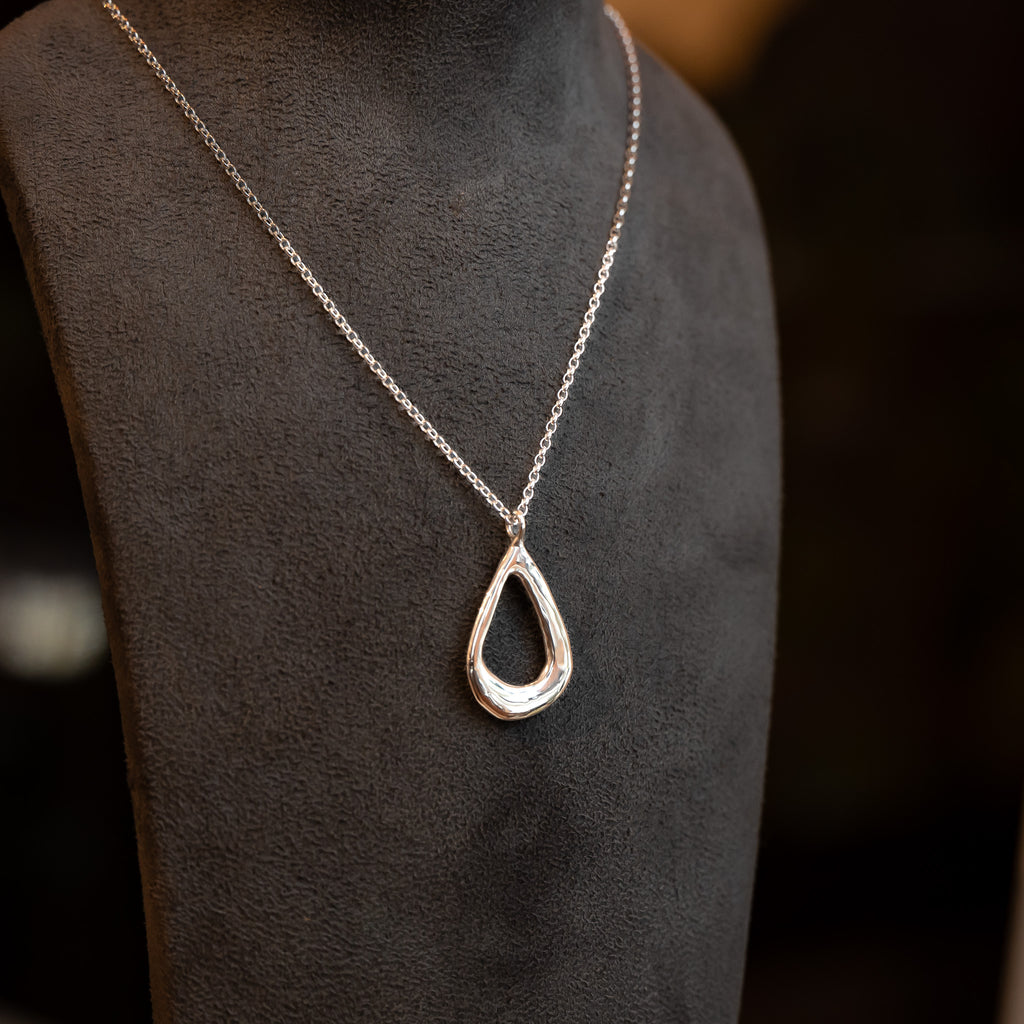 Molten Organic Sterling Silver Teardrop Pendant Necklace