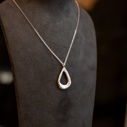 Molten Organic Sterling Silver Teardrop Pendant Necklace