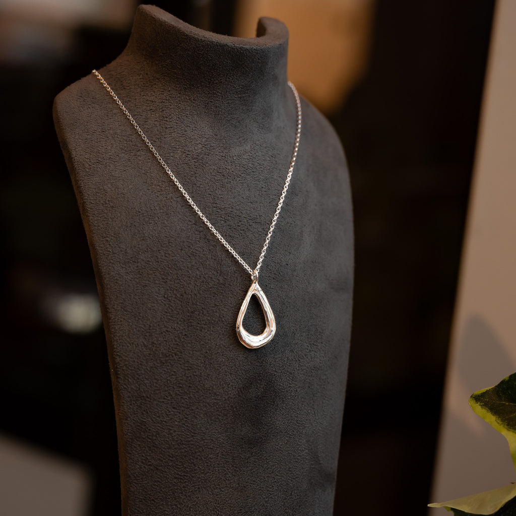 Molten Organic Sterling Silver Teardrop Pendant Necklace